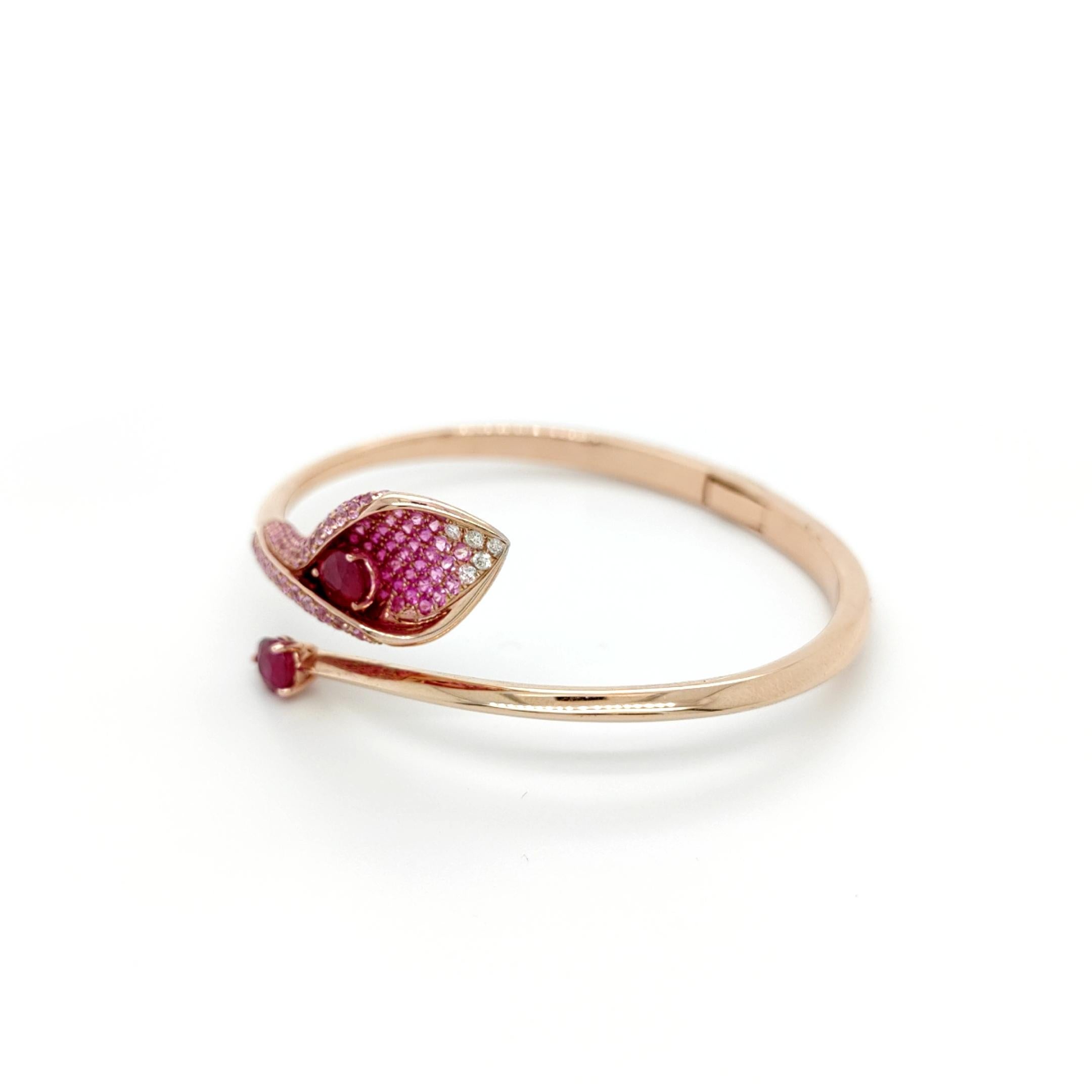 Modern 18K Rose Gold Calla Lily Burma Ruby & Pink Sapphire Diamond Open Bangle Bracelet For Sale
