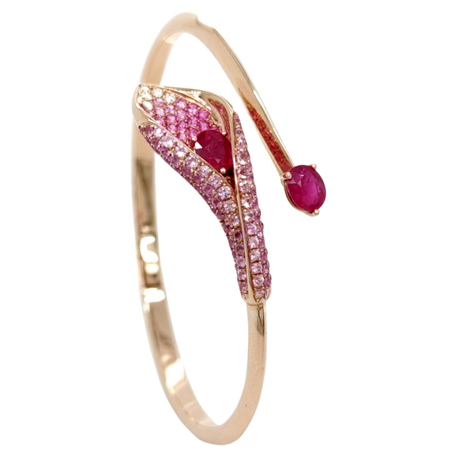 18K Rose Gold Calla Lily Burma Ruby & Pink Sapphire Diamond Open Bangle Bracelet For Sale