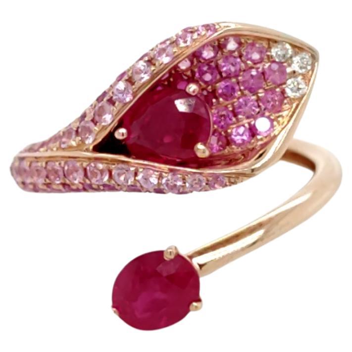 18K Rose Gold Calla Lily Burma Ruby Pink Sapphire Diamond Open Cocktail Ring For Sale