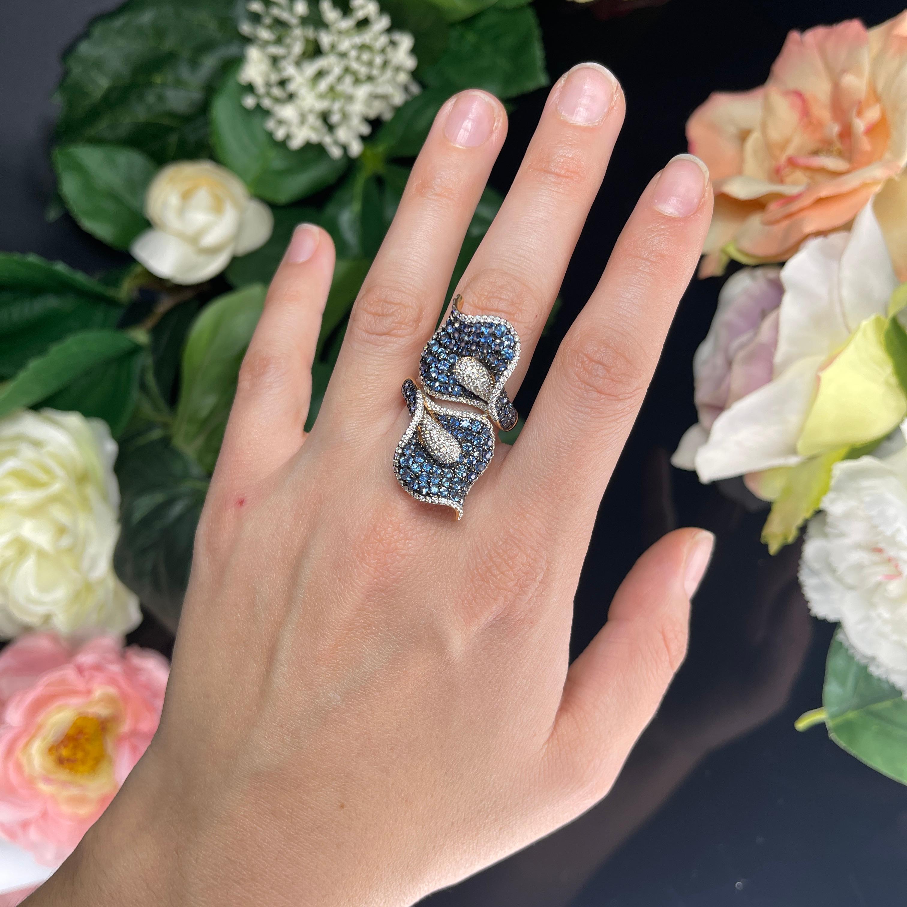 18k Rose Gold Calla Lily Ring with Blue Sapphires and White Diamonds For Sale 1