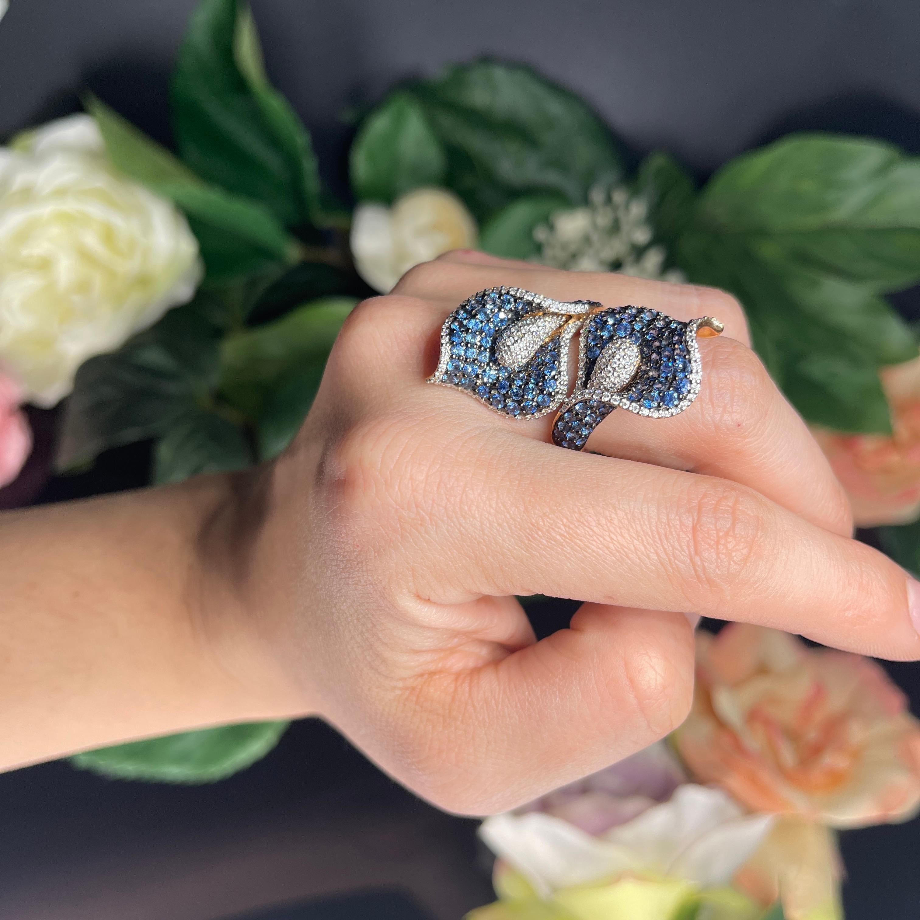 18k Rose Gold Calla Lily Ring with Blue Sapphires and White Diamonds For Sale 4