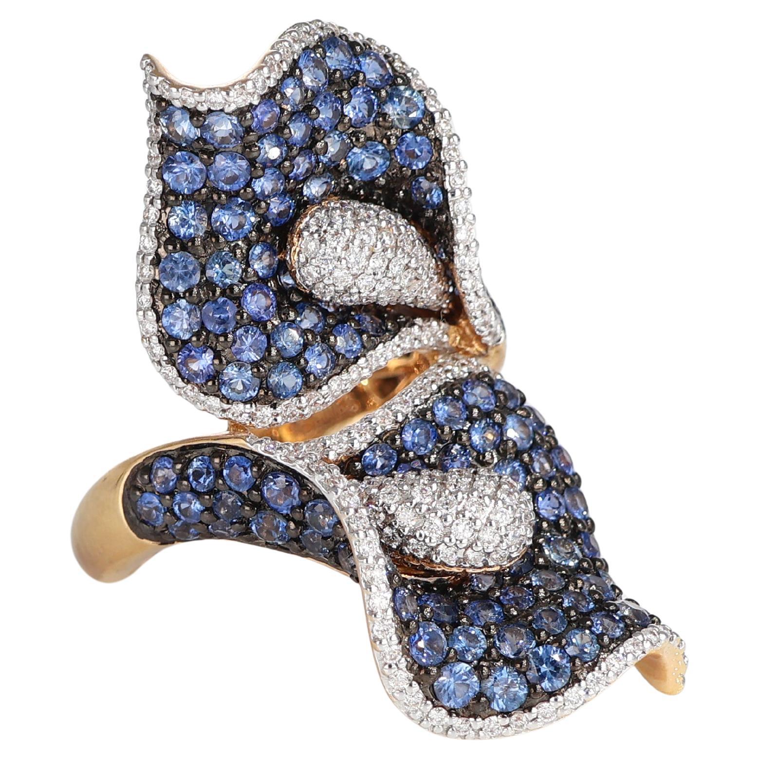 18k Rose Gold Calla Lily Ring with Blue Sapphires and White Diamonds