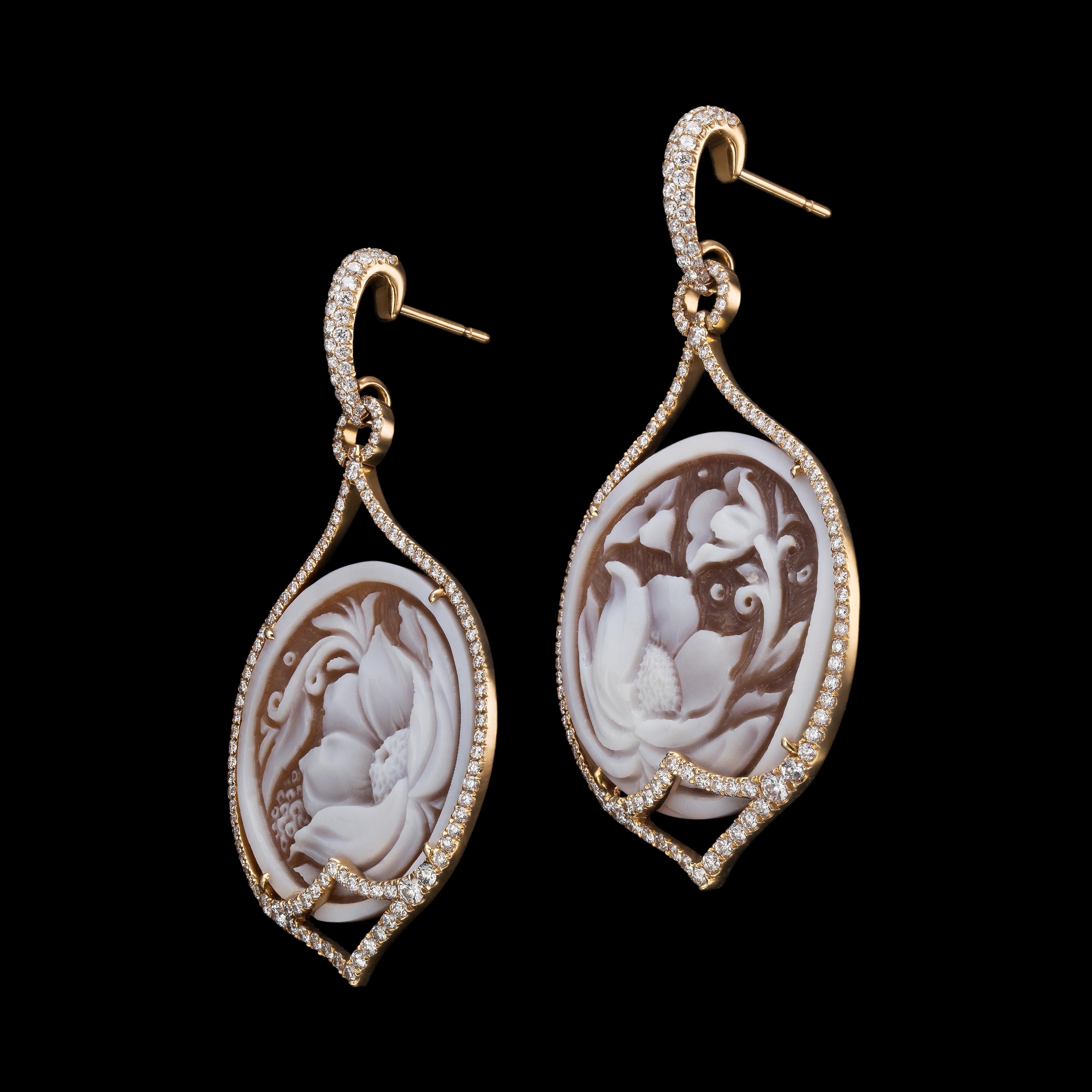 Romantic 18K Rose Gold Cameo and Diamond Earrings For Sale