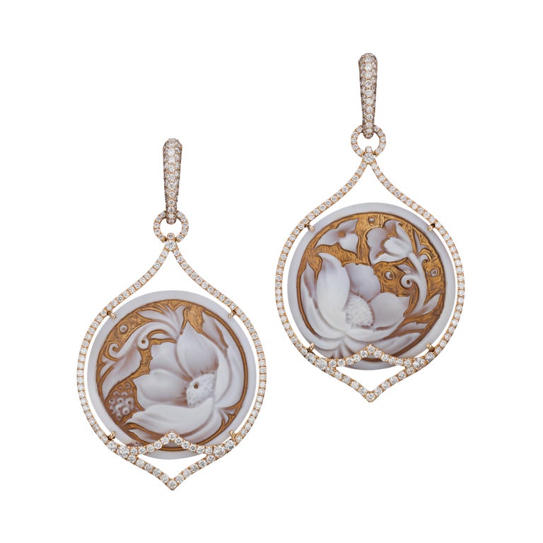 18K Rose Gold Cameo and Diamond Earrings For Sale at 1stdibs