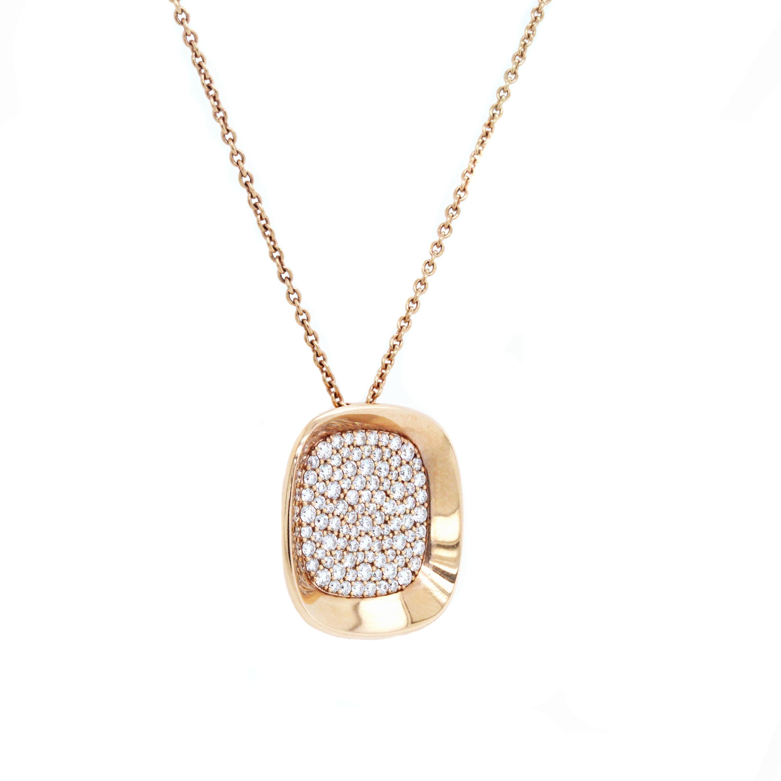 18K Rose Gold and Diamond Carnaby Street Pendant Necklace by Roberto Coin

From the Carnaby Street collection by Roberto Coin

Diamonds are pave set in the center and surrounded by a high-polished rose gold. 
0.88 carat G color, VS clarity diamonds