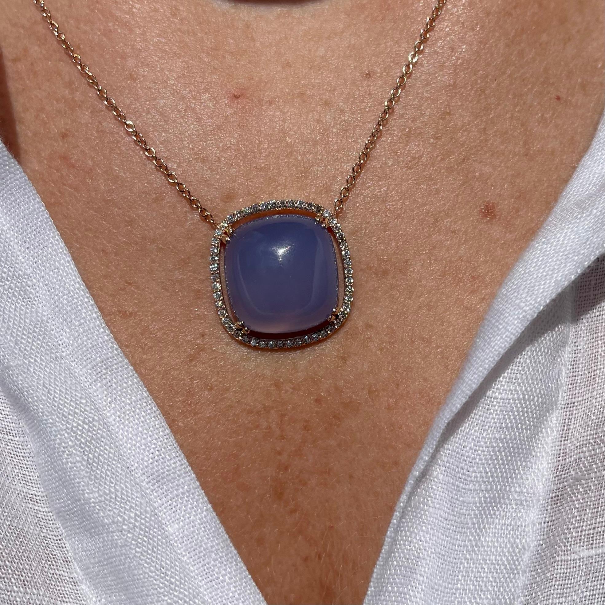 Contemporary 18k Rose Gold Chalcedony Necklace with a White Diamond Halo For Sale
