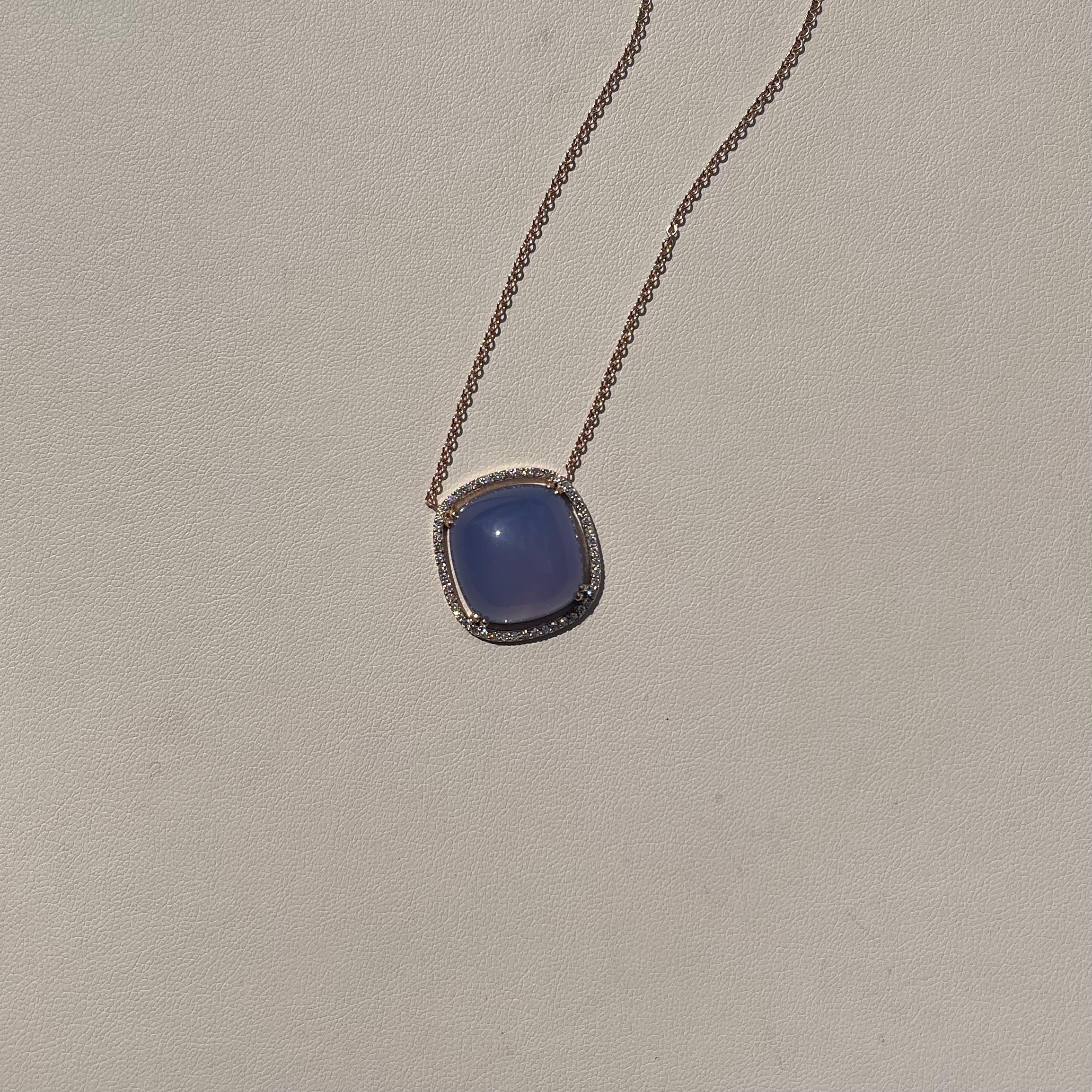 Cabochon 18k Rose Gold Chalcedony Necklace with a White Diamond Halo For Sale