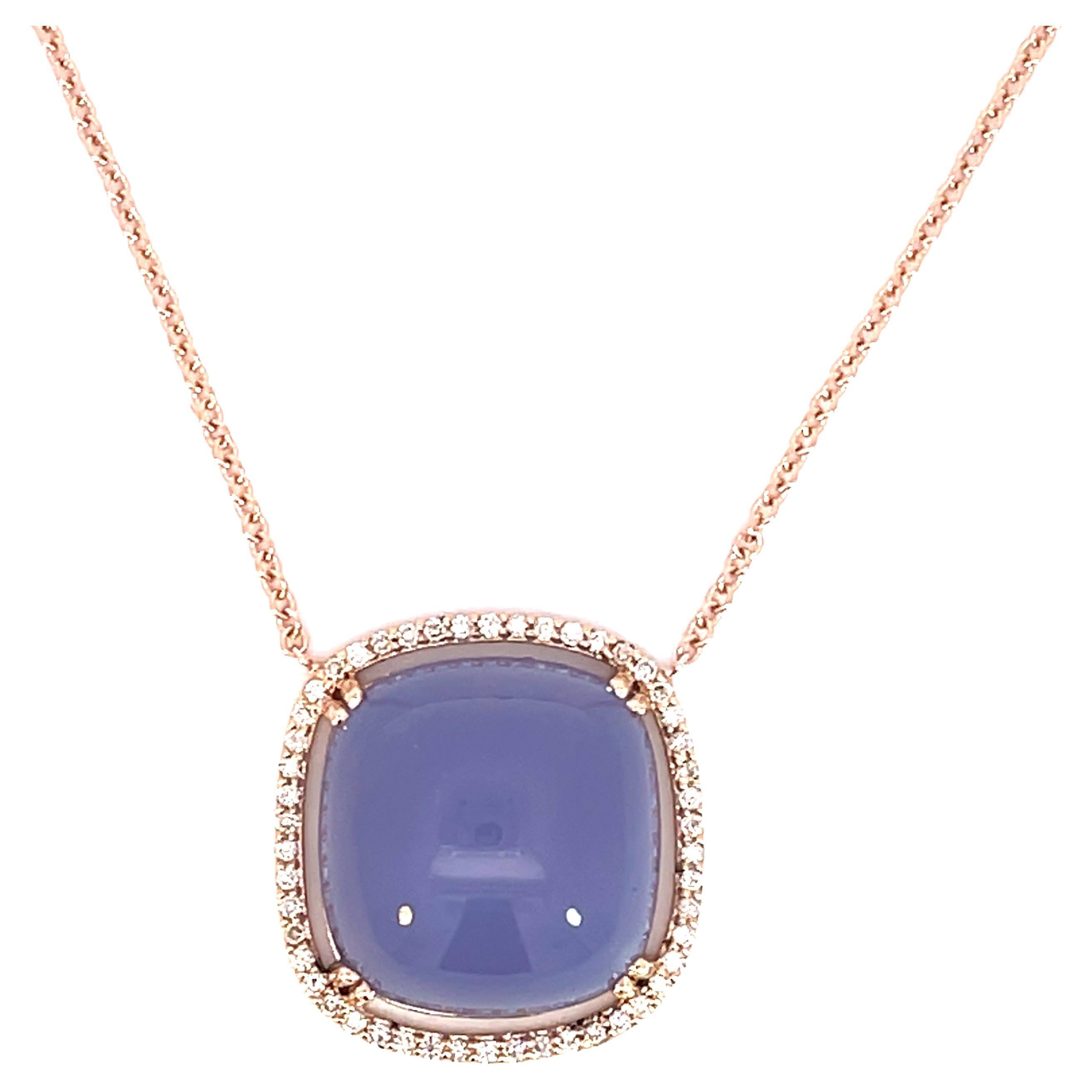 18k Rose Gold Chalcedony Necklace with a White Diamond Halo