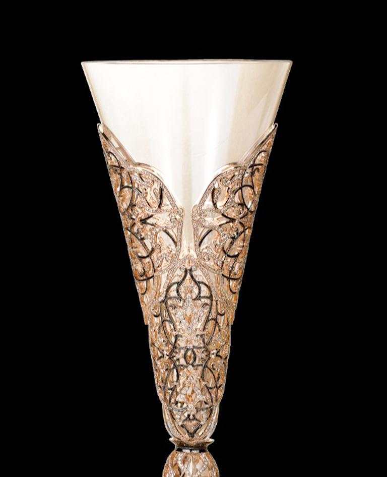 Modern 18 Karat Rose Gold Champagne Glass with 18.28 Carat White Diamond For Sale