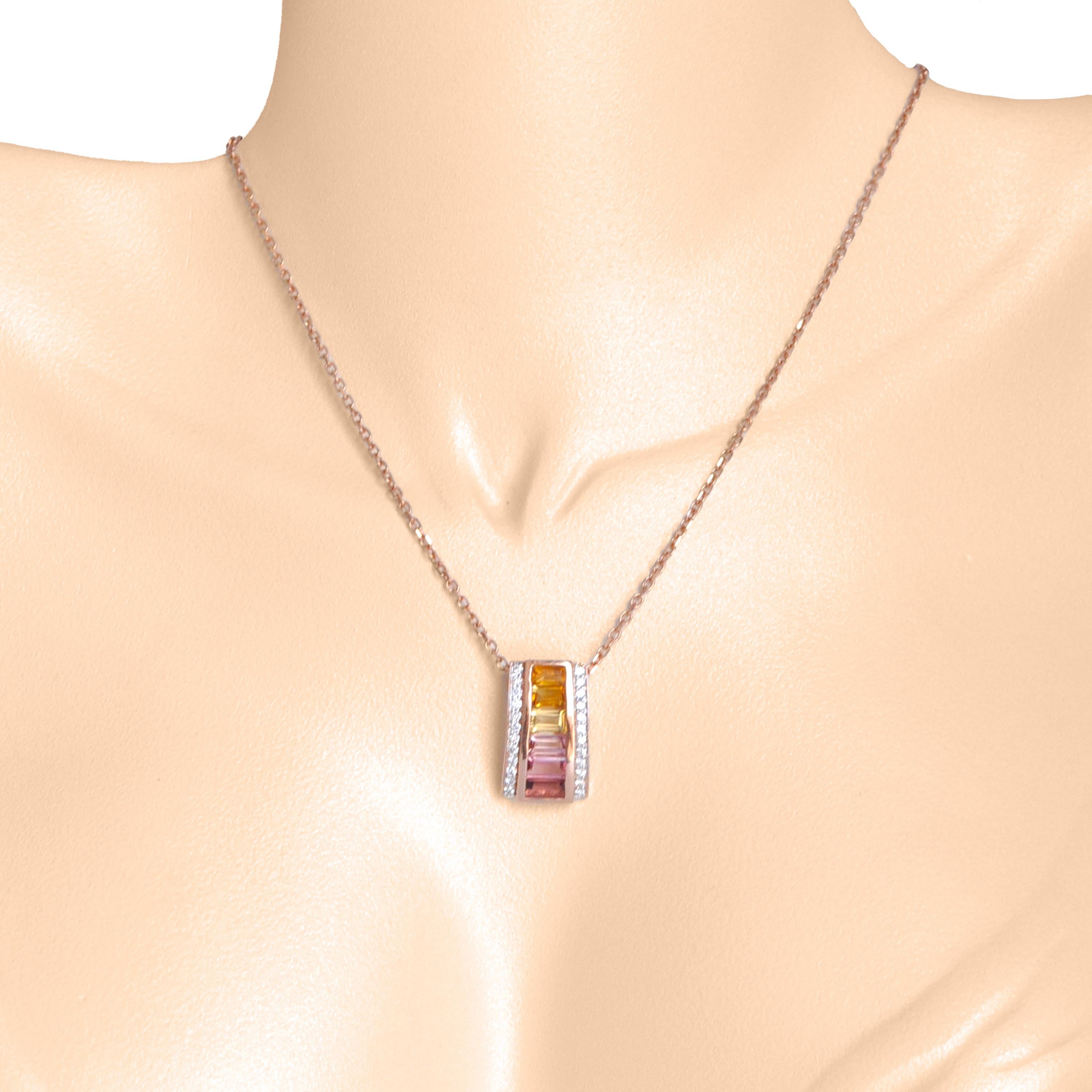 Art Deco 18K Rose Gold Channel-set Citrine Pink Tourmaline Baguette Diamond Pendant For Sale