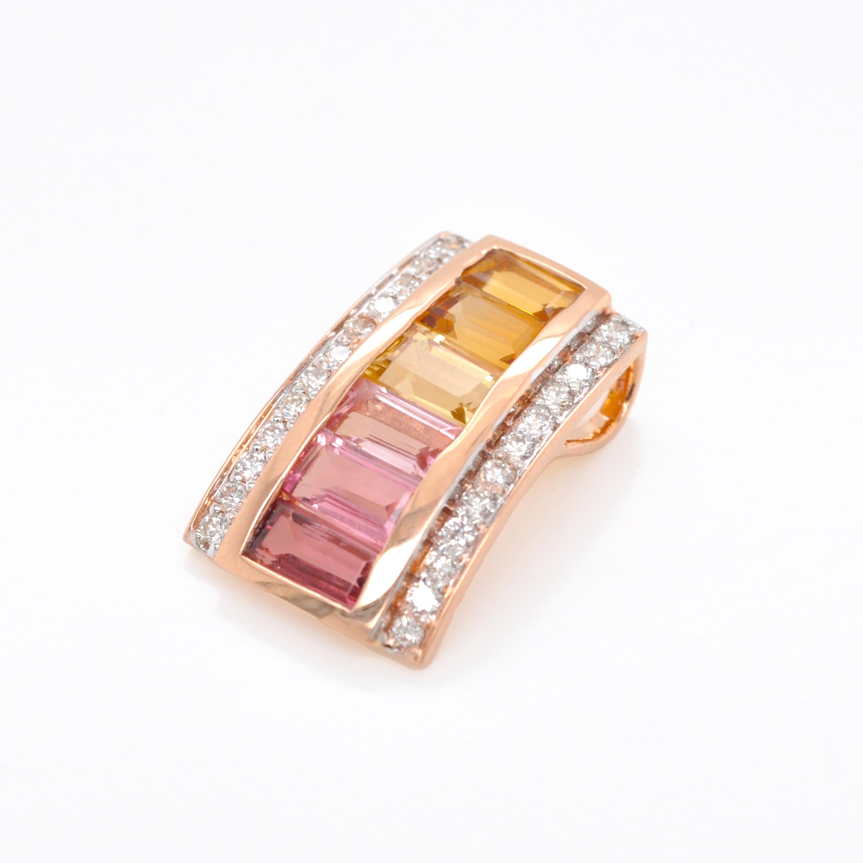 Tapered Baguette 18K Rose Gold Channel-set Citrine Pink Tourmaline Baguette Diamond Pendant For Sale