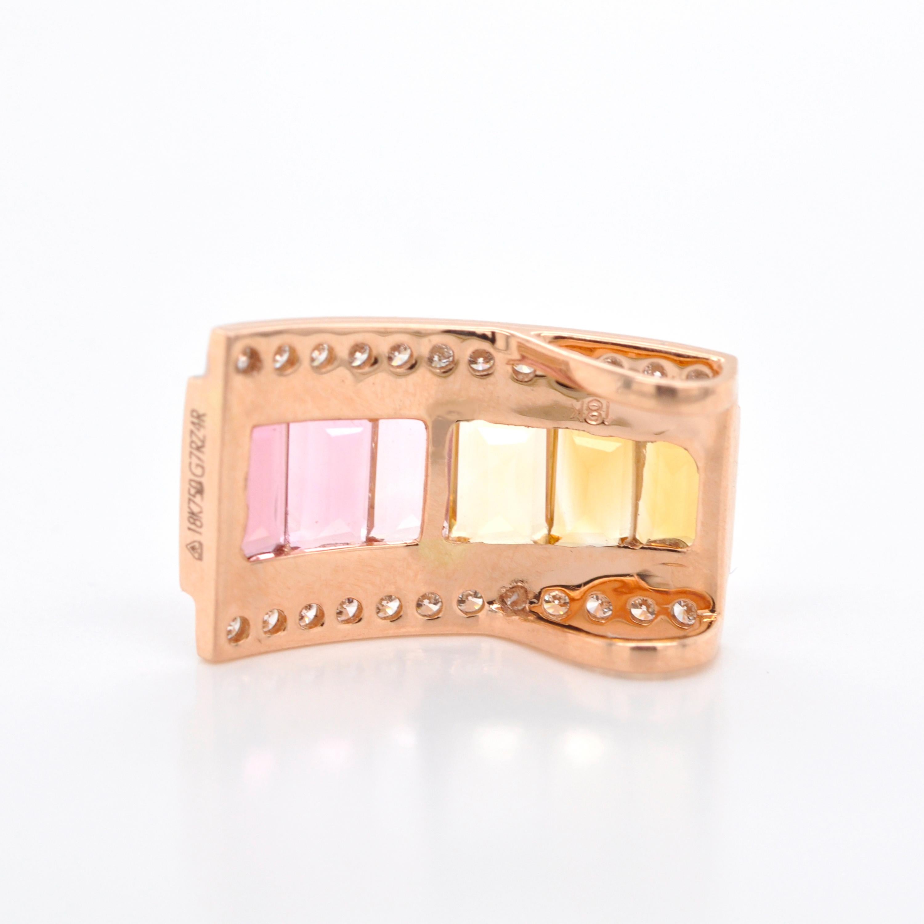 Women's 18K Rose Gold Channel-set Citrine Pink Tourmaline Baguette Diamond Pendant For Sale