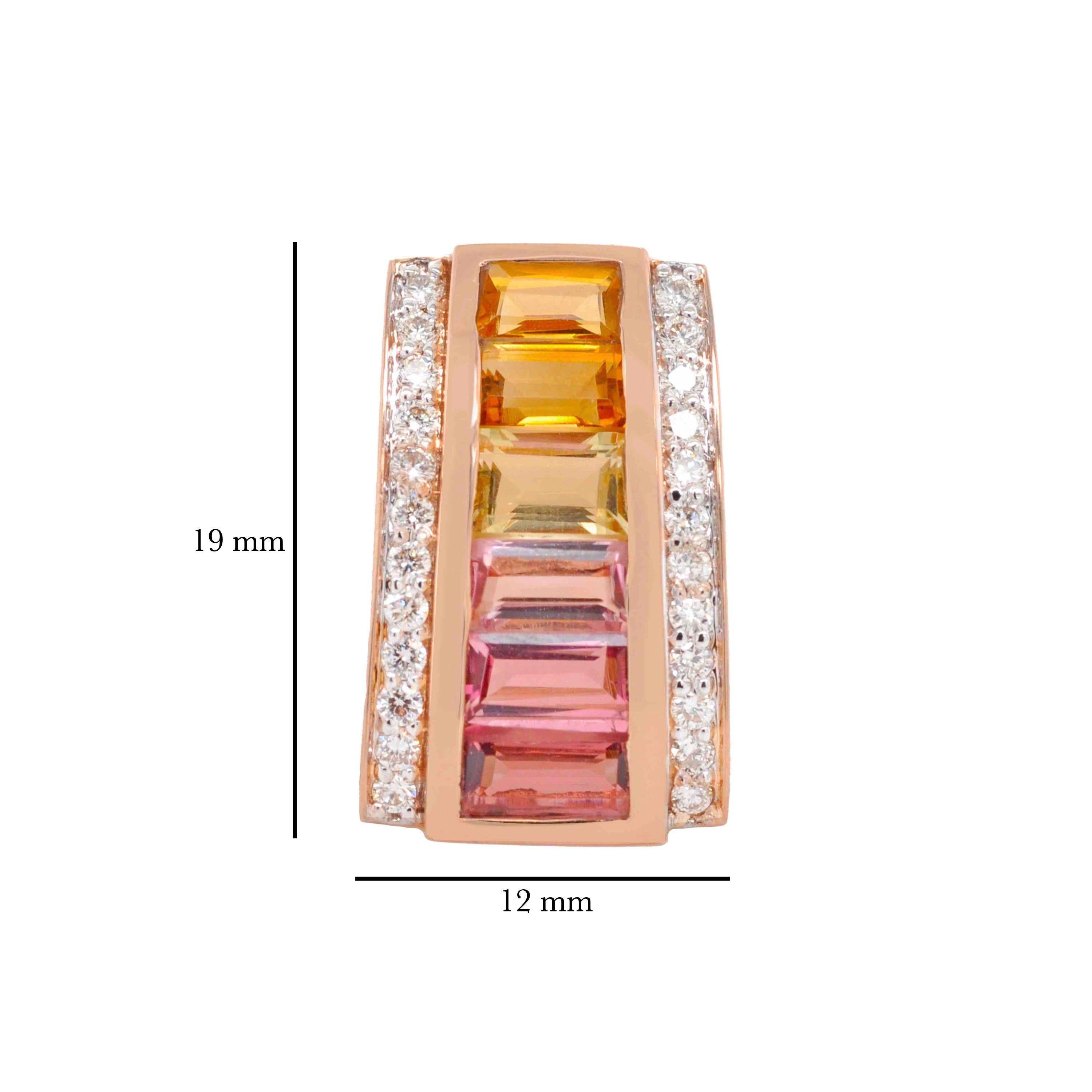 18K Rose Gold Channel-set Citrine Pink Tourmaline Baguette Diamond Pendant For Sale 1