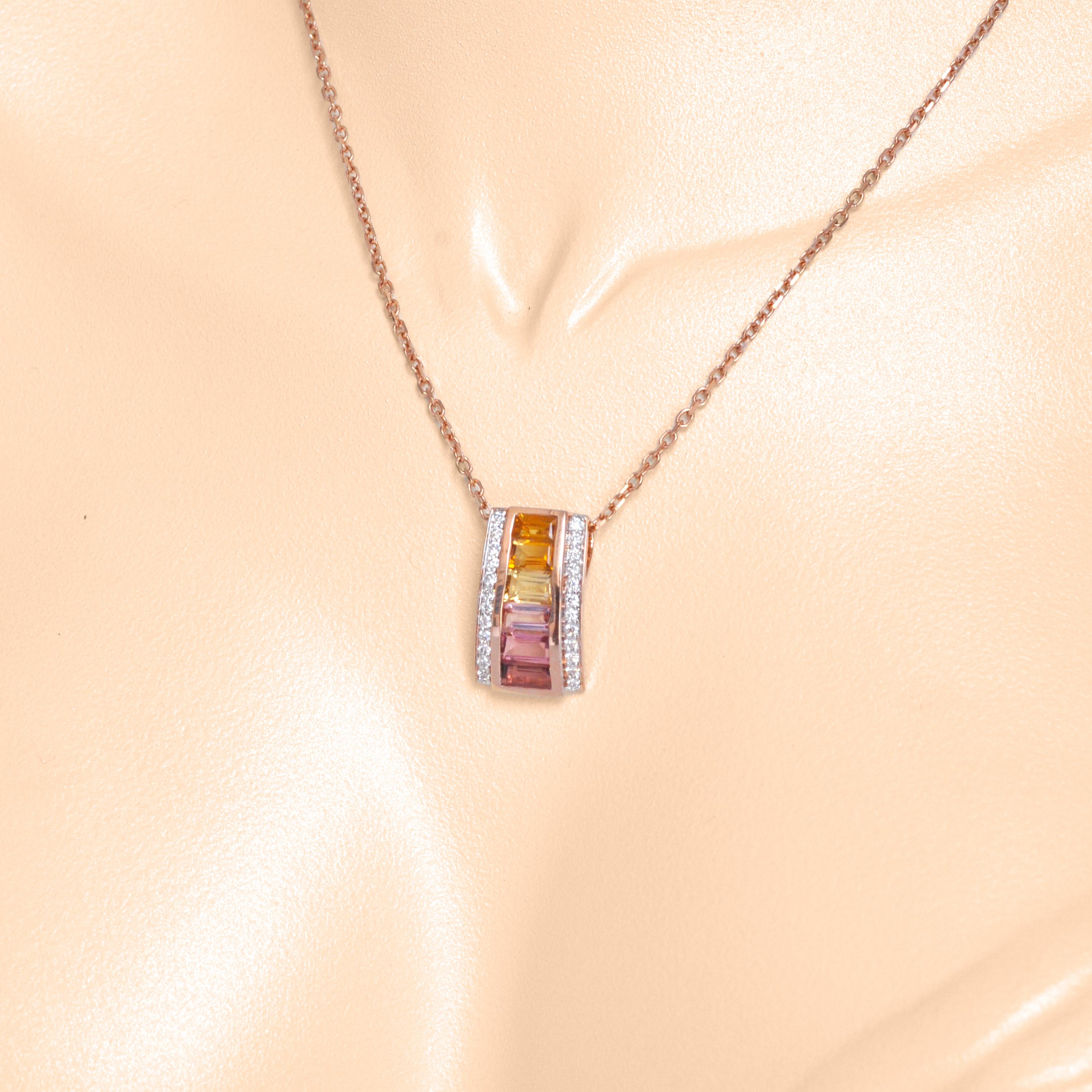 18K Rose Gold Channel-set Citrine Pink Tourmaline Baguette Diamond Pendant For Sale 3