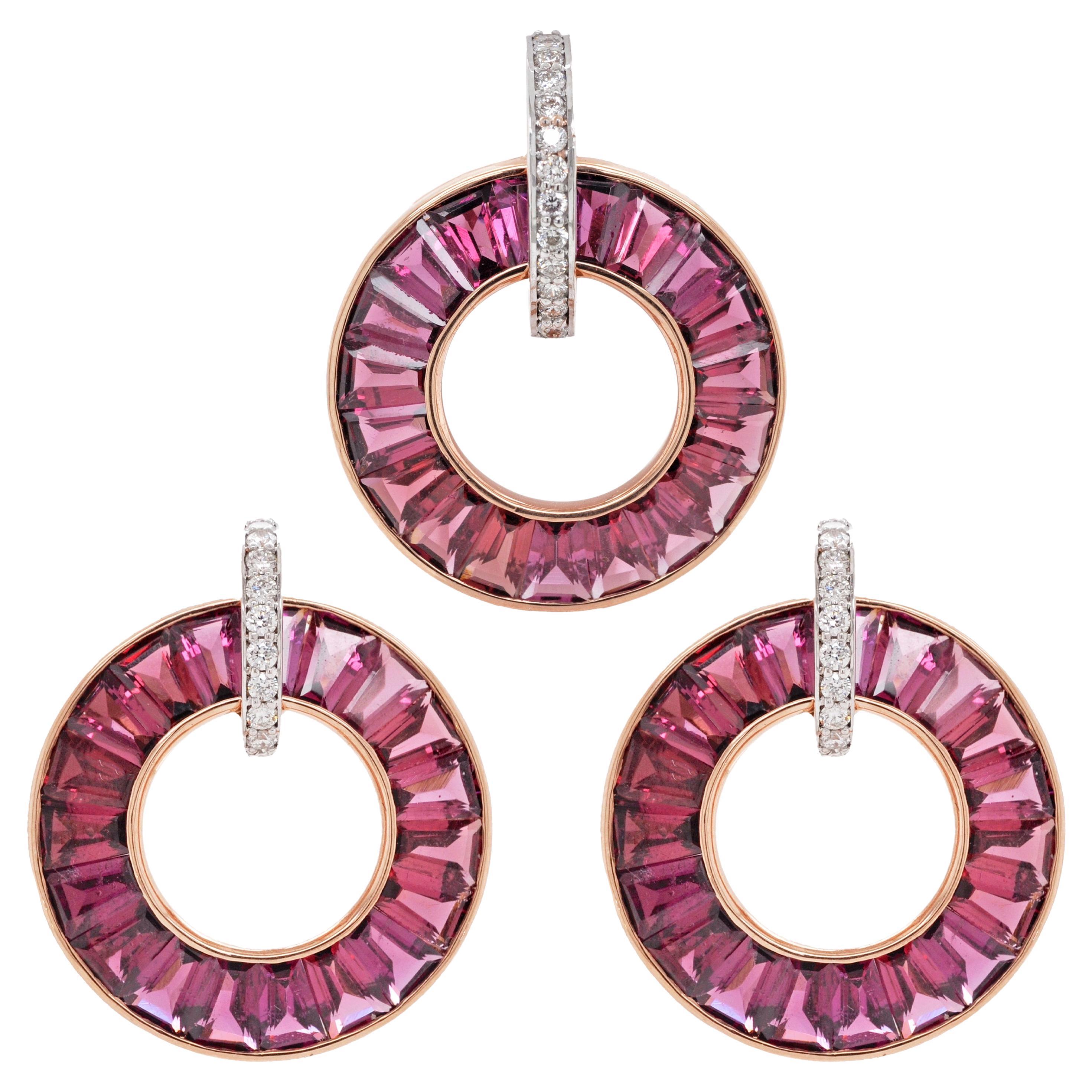 18K Rose Gold Channel Set Rhodolite Diamond Circle Art Deco Pendant Earrings Set For Sale