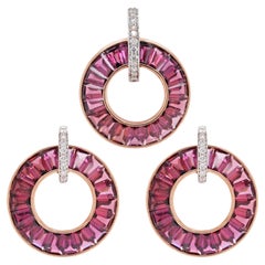 18K Rose Gold Channel Set Rhodolite Diamond Circle Art Deco Pendant Earrings Set