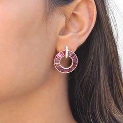 14K Rose Gold Channel Set Tapered Baguette Rhodolite Diamond Circle Earrings