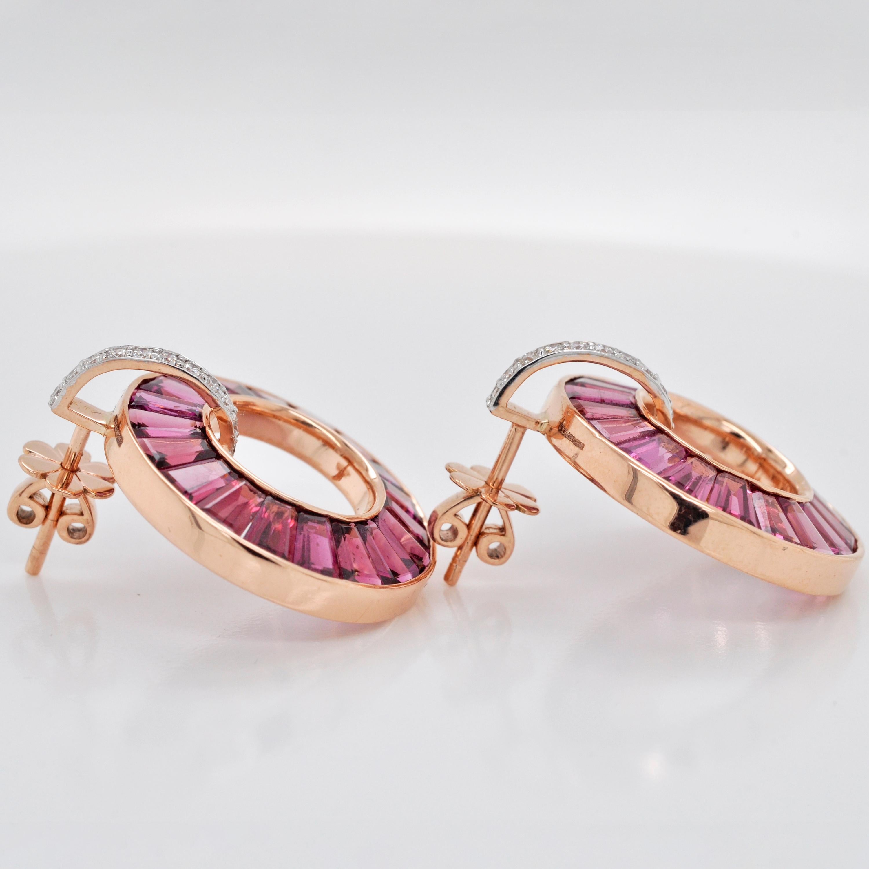 Women's 18K Rose Gold Channel Set Tapered Baguette Rhodolite Diamond Circle Earrings For Sale