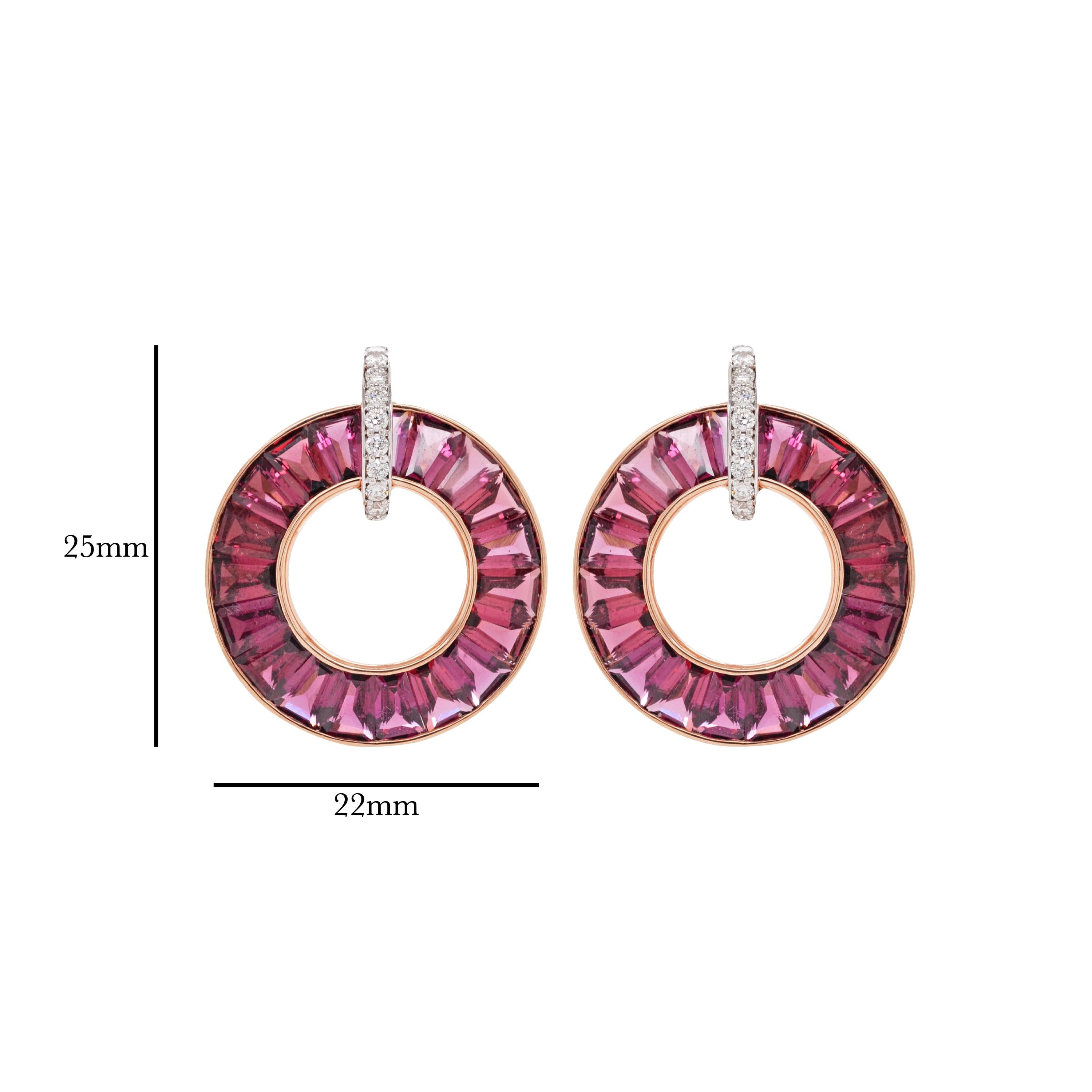 18K Rose Gold Channel Set Tapered Baguette Rhodolite Diamond Circle Earrings For Sale 1