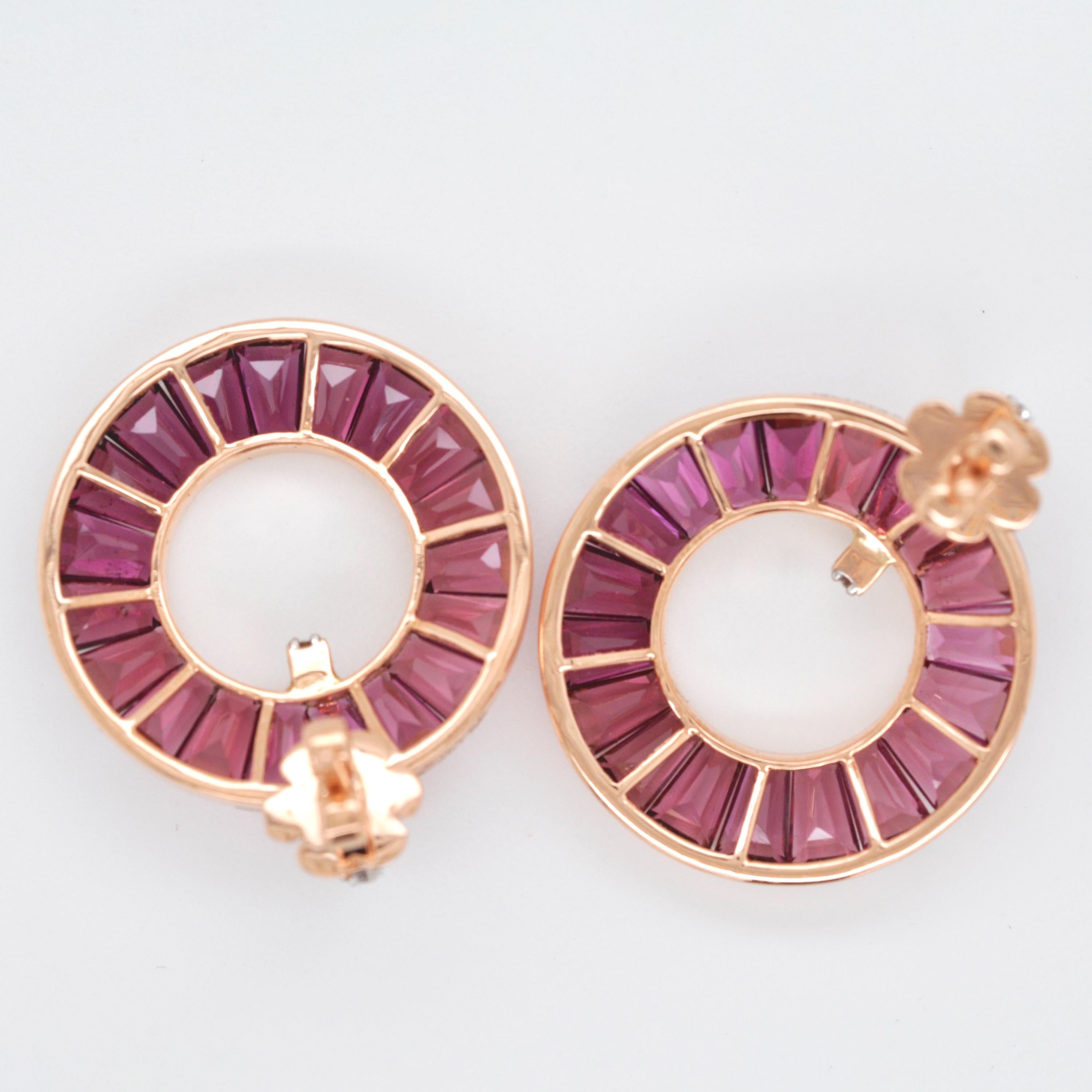 18K Rose Gold Channel Set Tapered Baguette Rhodolite Diamond Circle Earrings For Sale 2