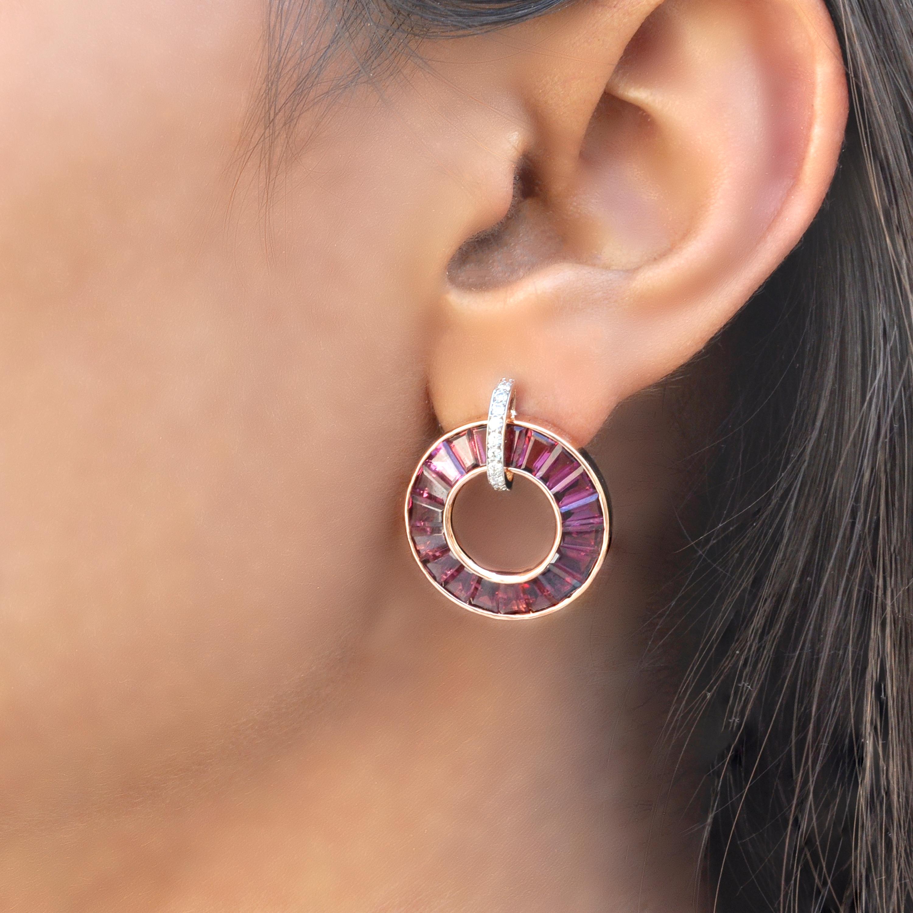 18K Rose Gold Channel Set Tapered Baguette Rhodolite Diamond Circle Earrings For Sale 4