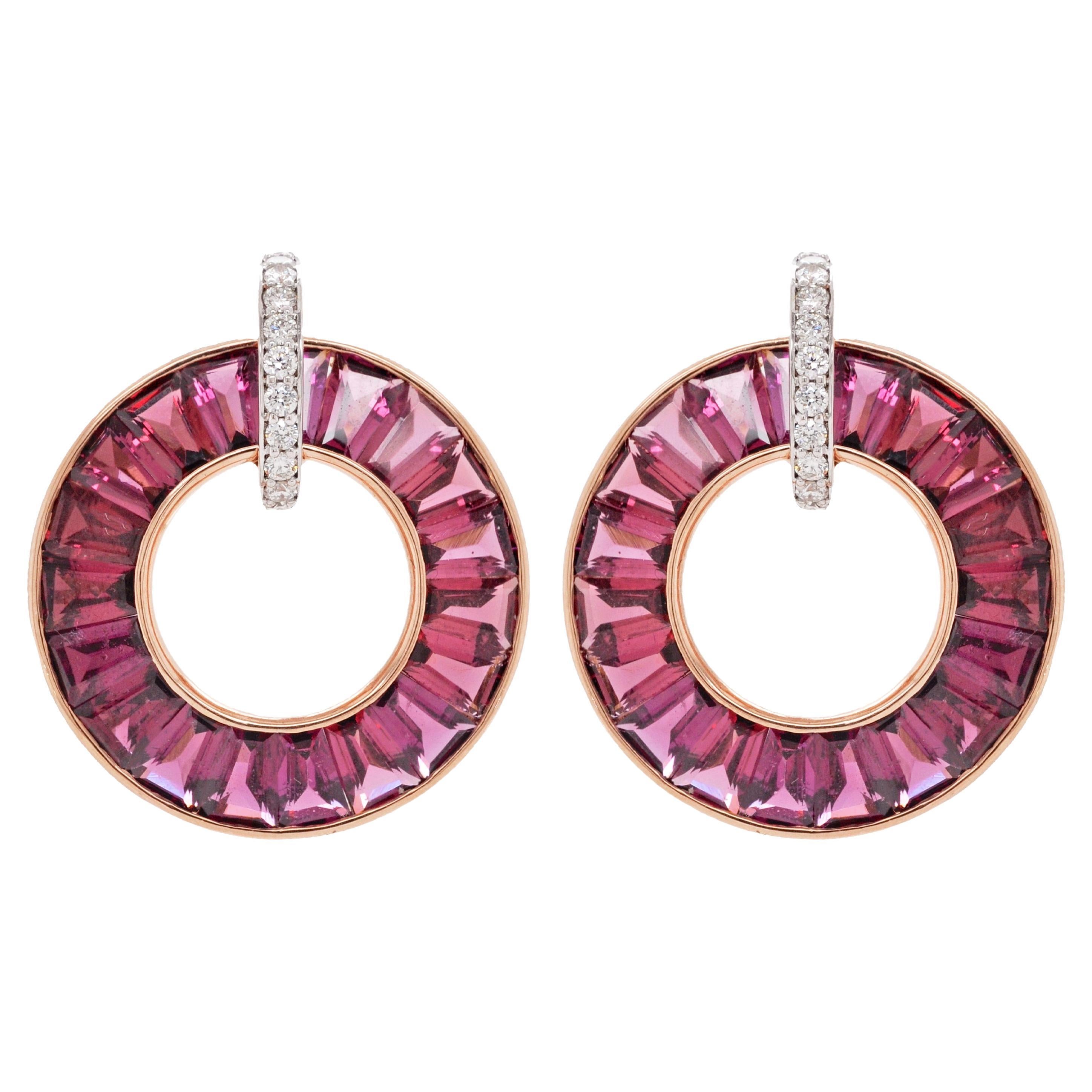 18K Rose Gold Channel Set Tapered Baguette Rhodolite Diamond Circle Earrings For Sale