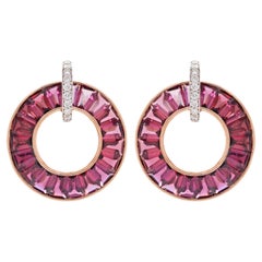 18K Rose Gold Channel Set Tapered Baguette Rhodolite Diamond Circle Earrings
