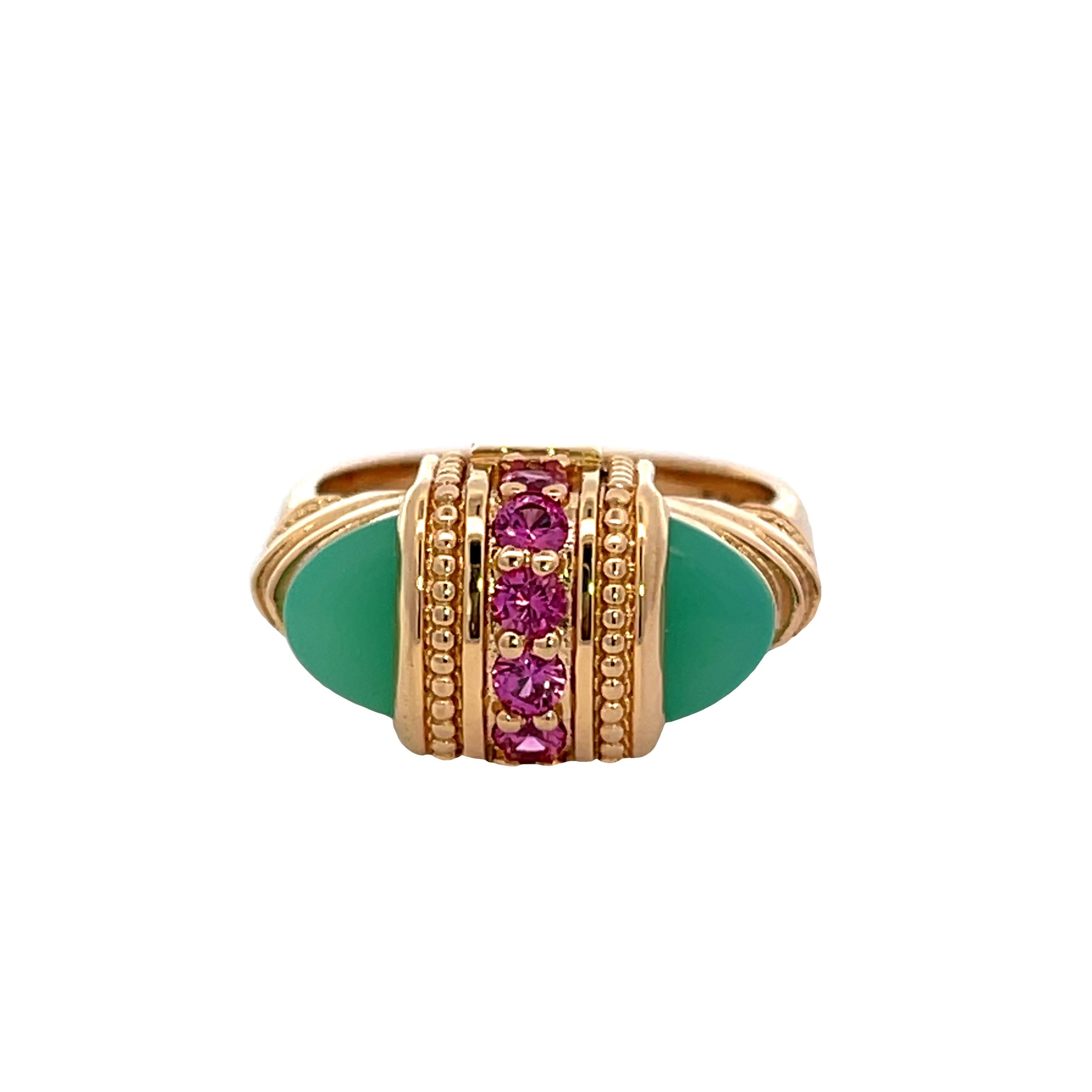 Contemporary 18k Rose Gold Chrysoprase Arch-style Ring with 2.5mm Pink Sapphires For Sale