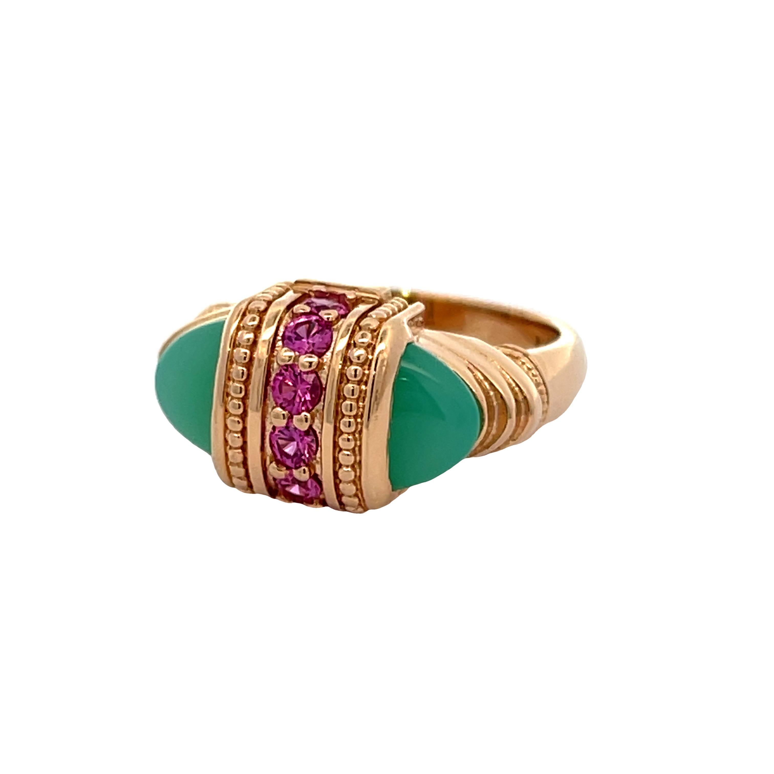 Cabochon 18k Rose Gold Chrysoprase Arch-style Ring with 2.5mm Pink Sapphires For Sale