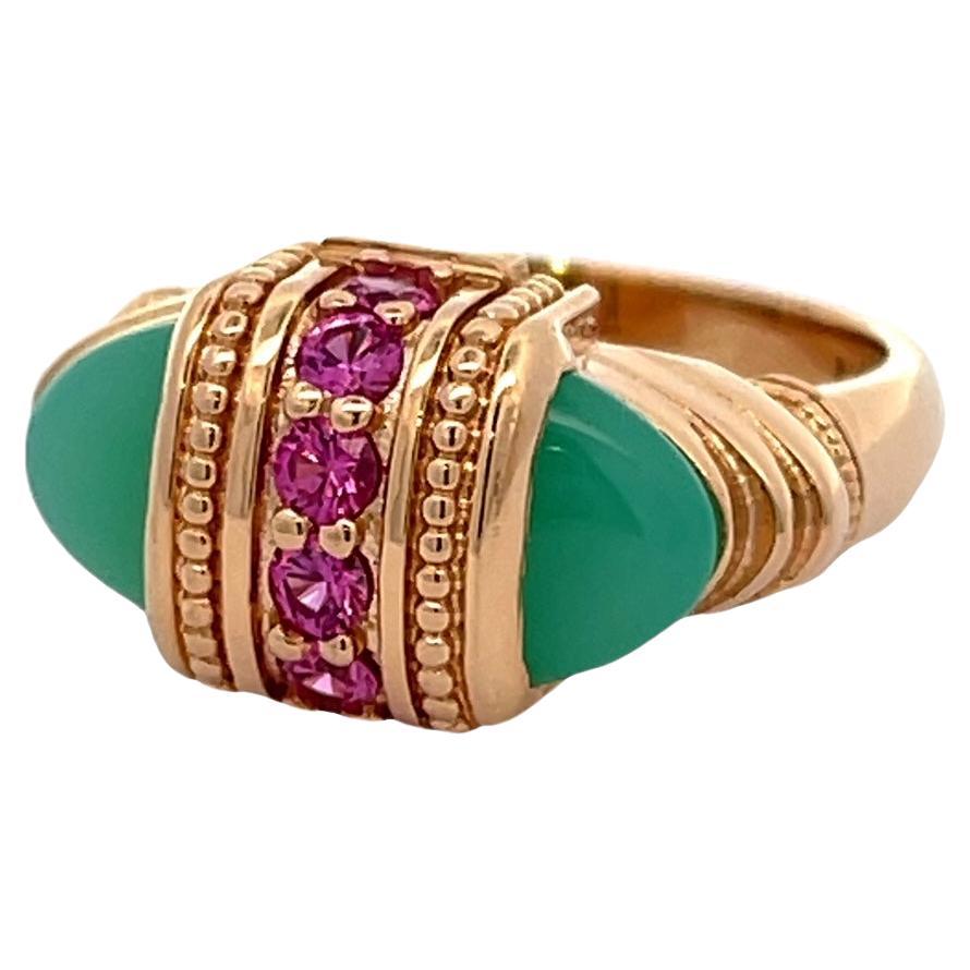 18k Rose Gold Chrysoprase Arch-style Ring with 2.5mm Pink Sapphires For Sale