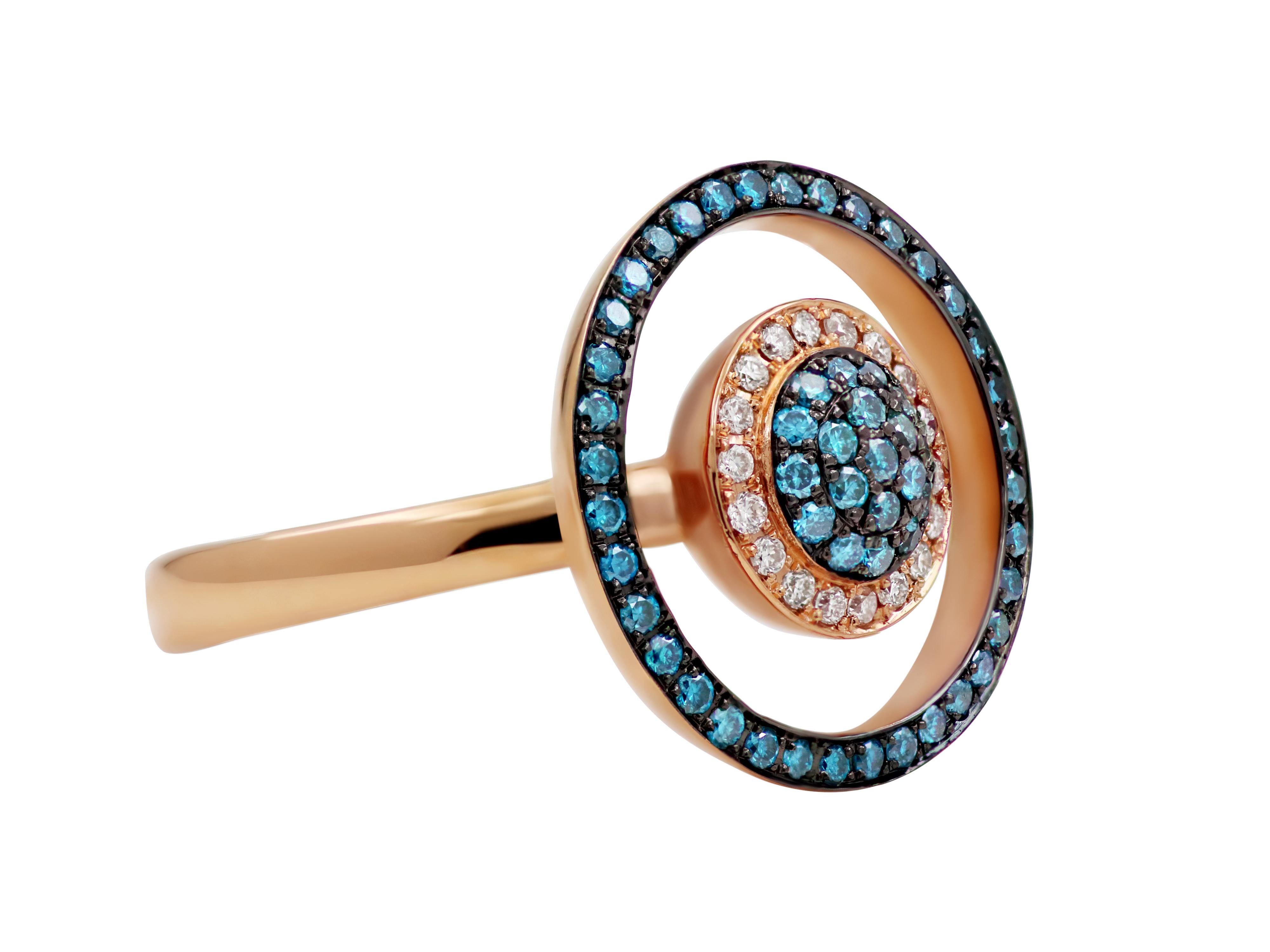 Ring Circles aus 18 Karat Roségold mit 0,30 Karat blauen Diamanten und 0,08 Karat Diamanten mit Brillantschliff. 