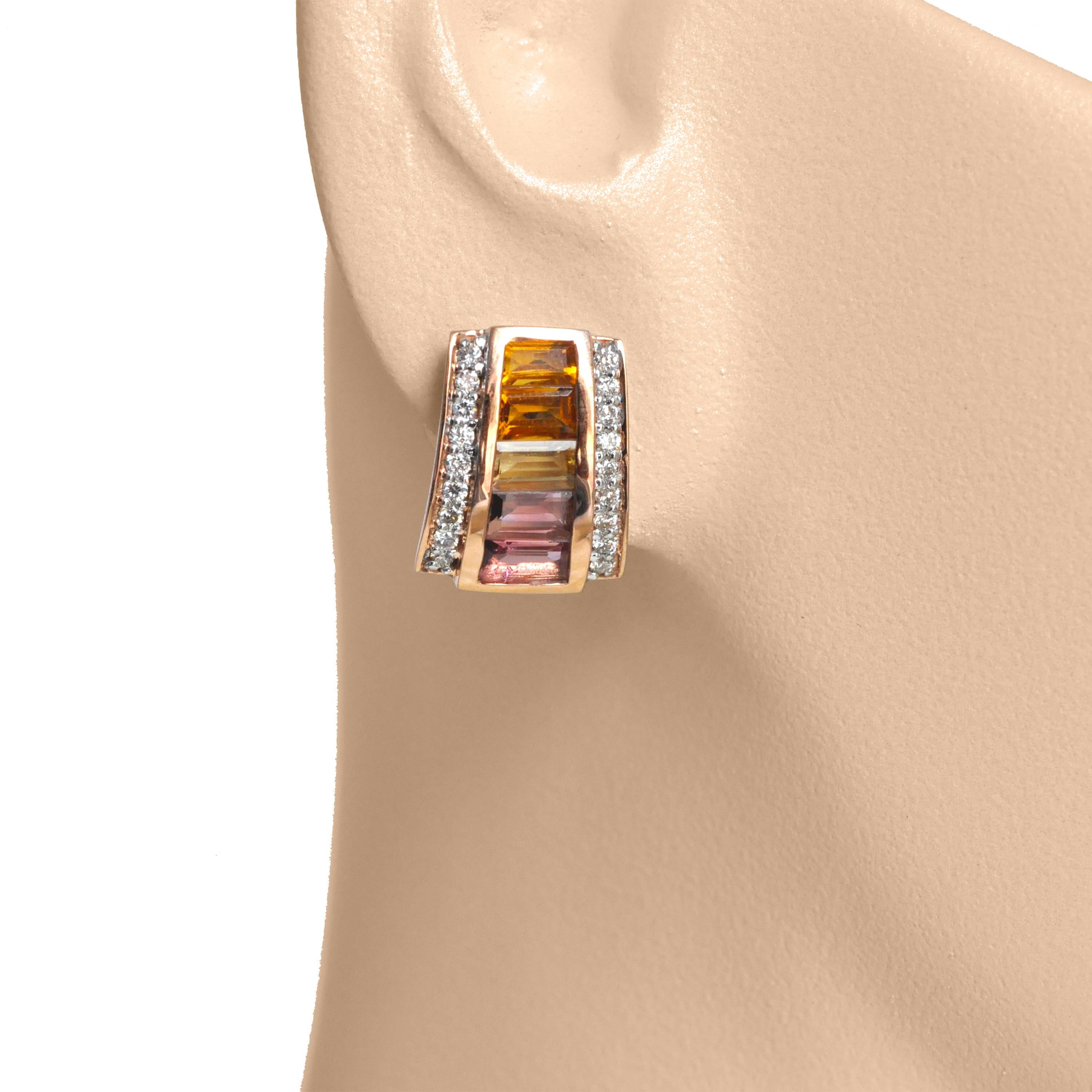 Contemporary 18K Rose Gold Citrine Pink Tourmaline Art Deco Diamond Stud Earrings For Sale