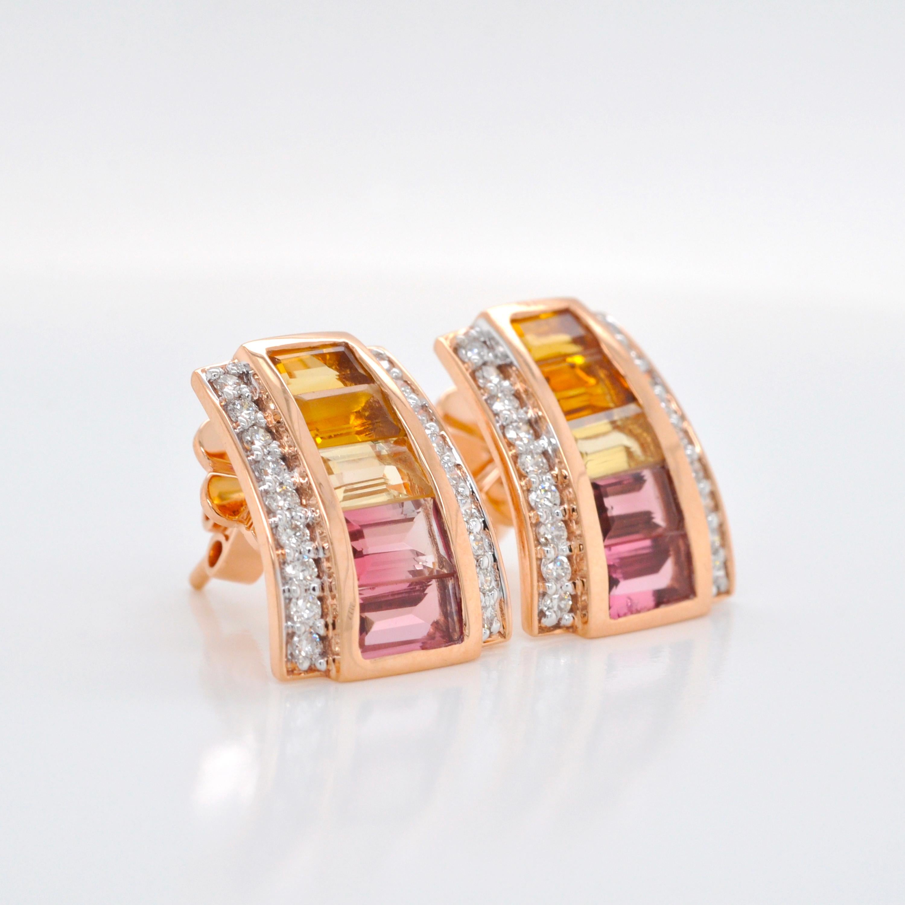 18K Rose Gold Citrine Pink Tourmaline Art Deco Diamond Stud Earrings For Sale 1
