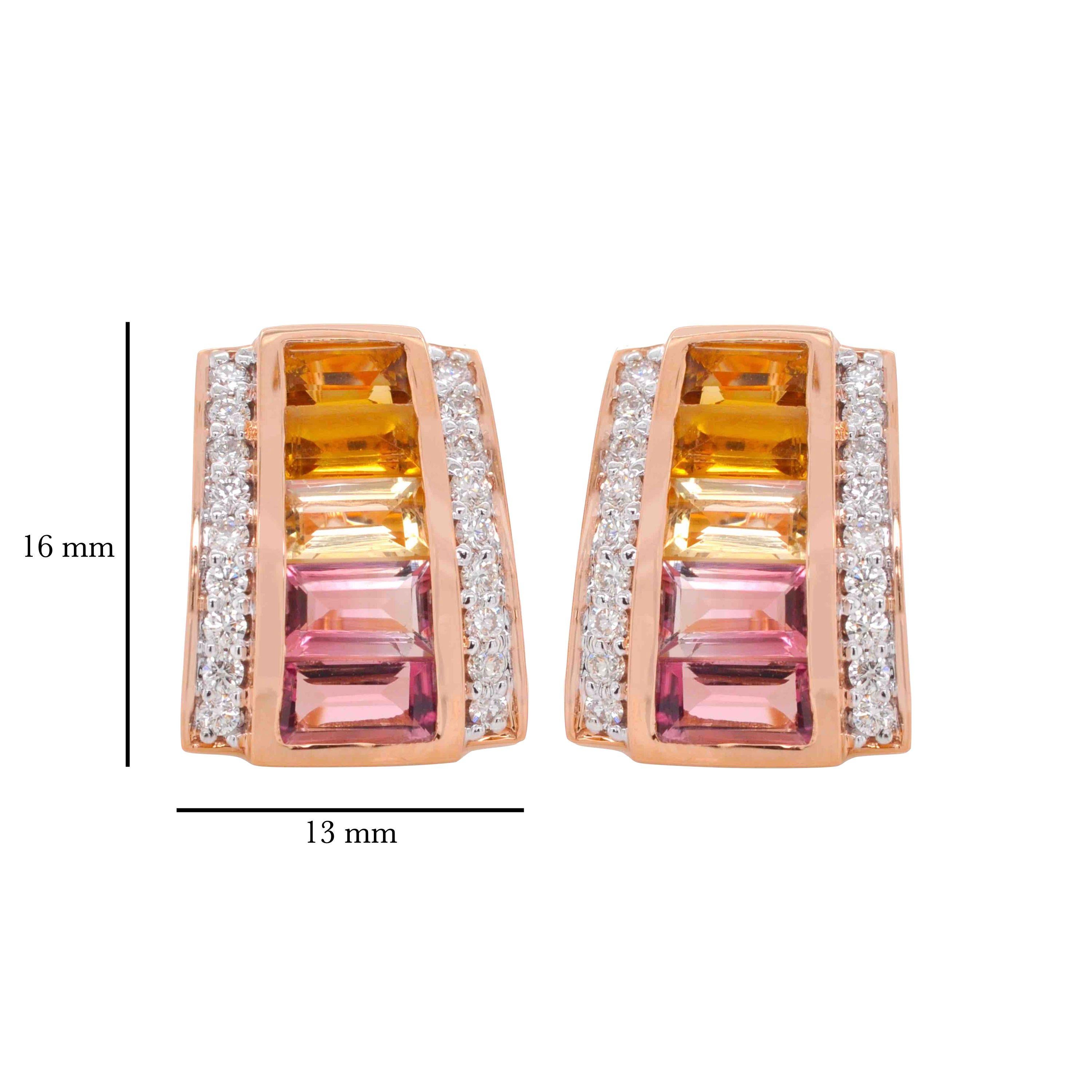 Tapered Baguette 18K Rose Gold Citrine Pink Tourmaline Art Deco Diamond Stud Earrings For Sale