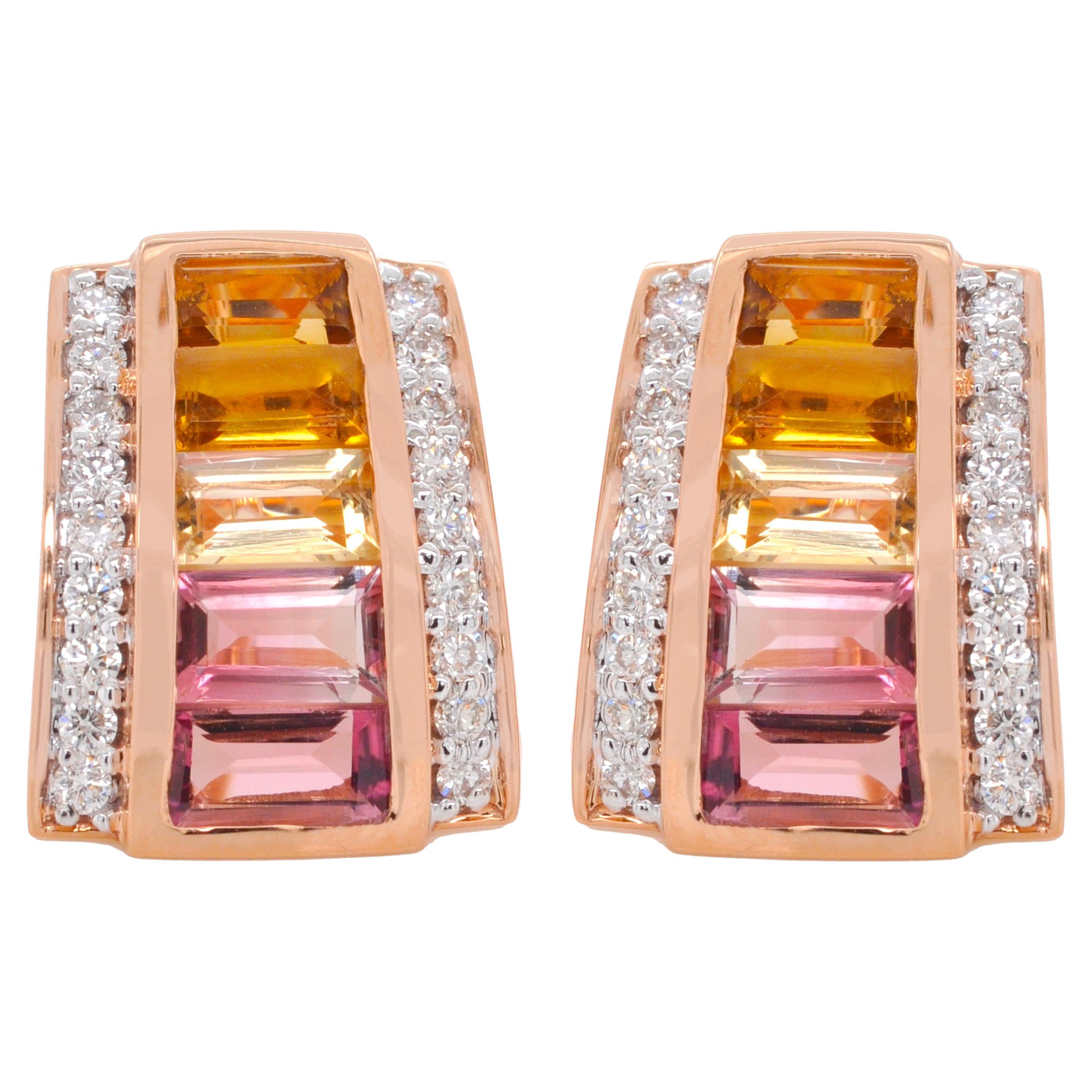 18K Rose Gold Citrine Pink Tourmaline Art Deco Diamond Stud Earrings