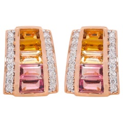 18K Rose Gold Citrine Pink Tourmaline Art Deco Diamond Stud Earrings