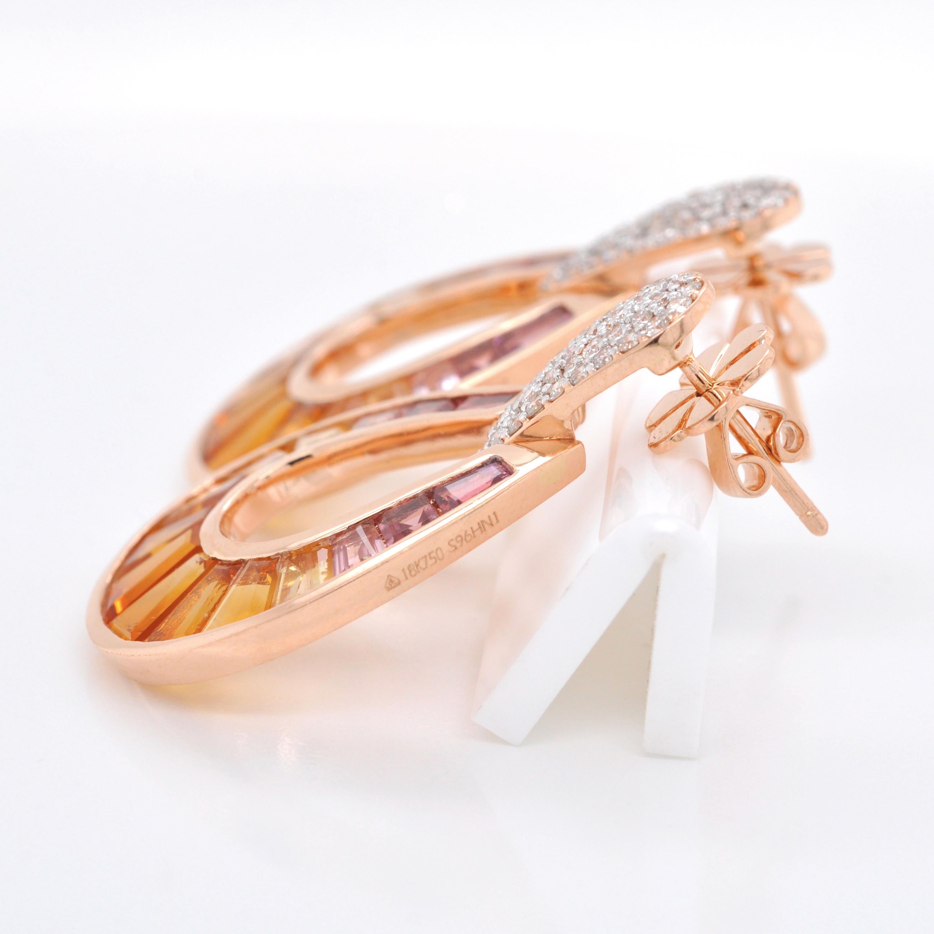 18K Rose Gold Citrine Pink Tourmaline Baguette-Cut Diamond Pendant Earrings Set For Sale 5