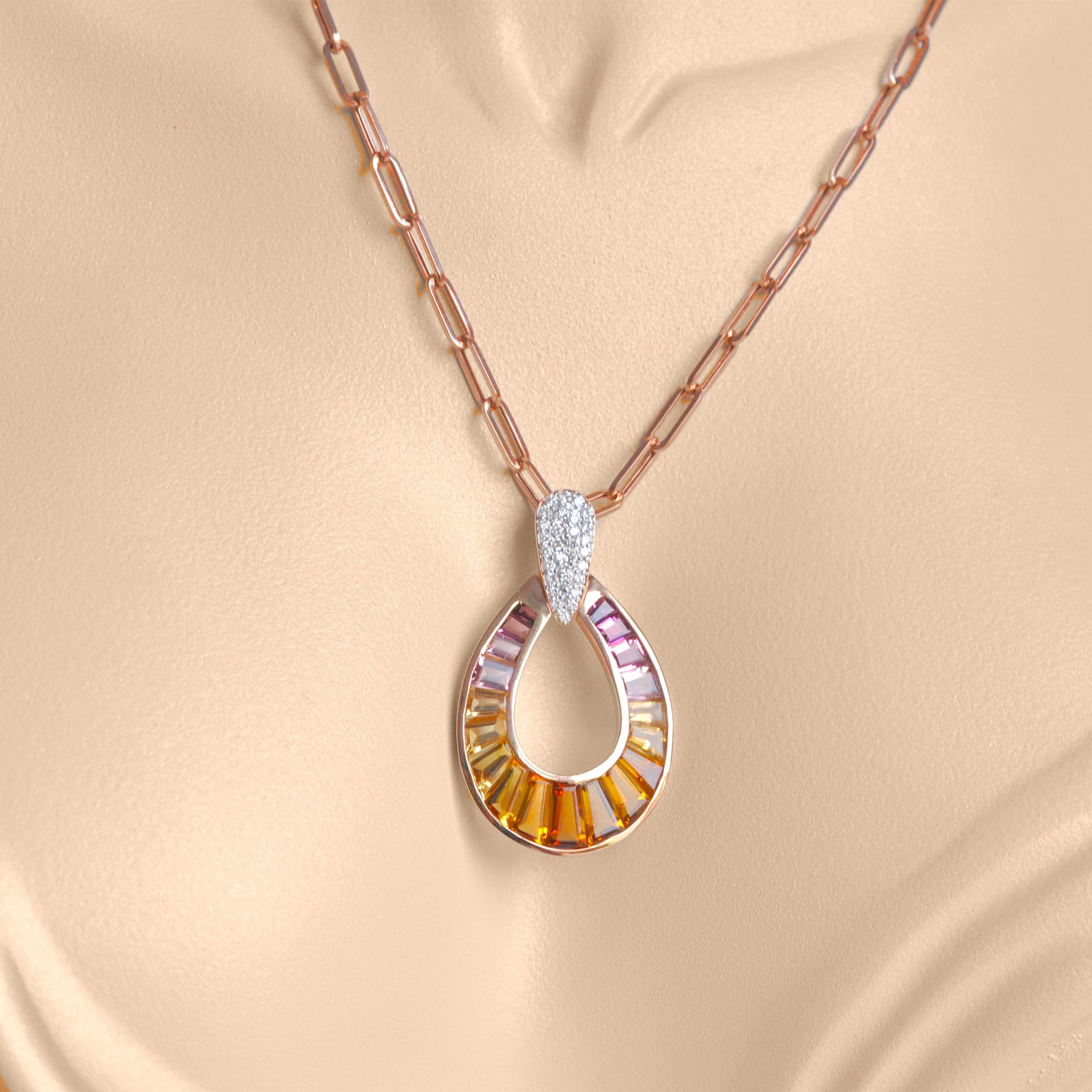 Contemporain Ensemble de pendants d'oreilles en or rose 18 carats, citrine, tourmaline rose et diamant taille baguette en vente