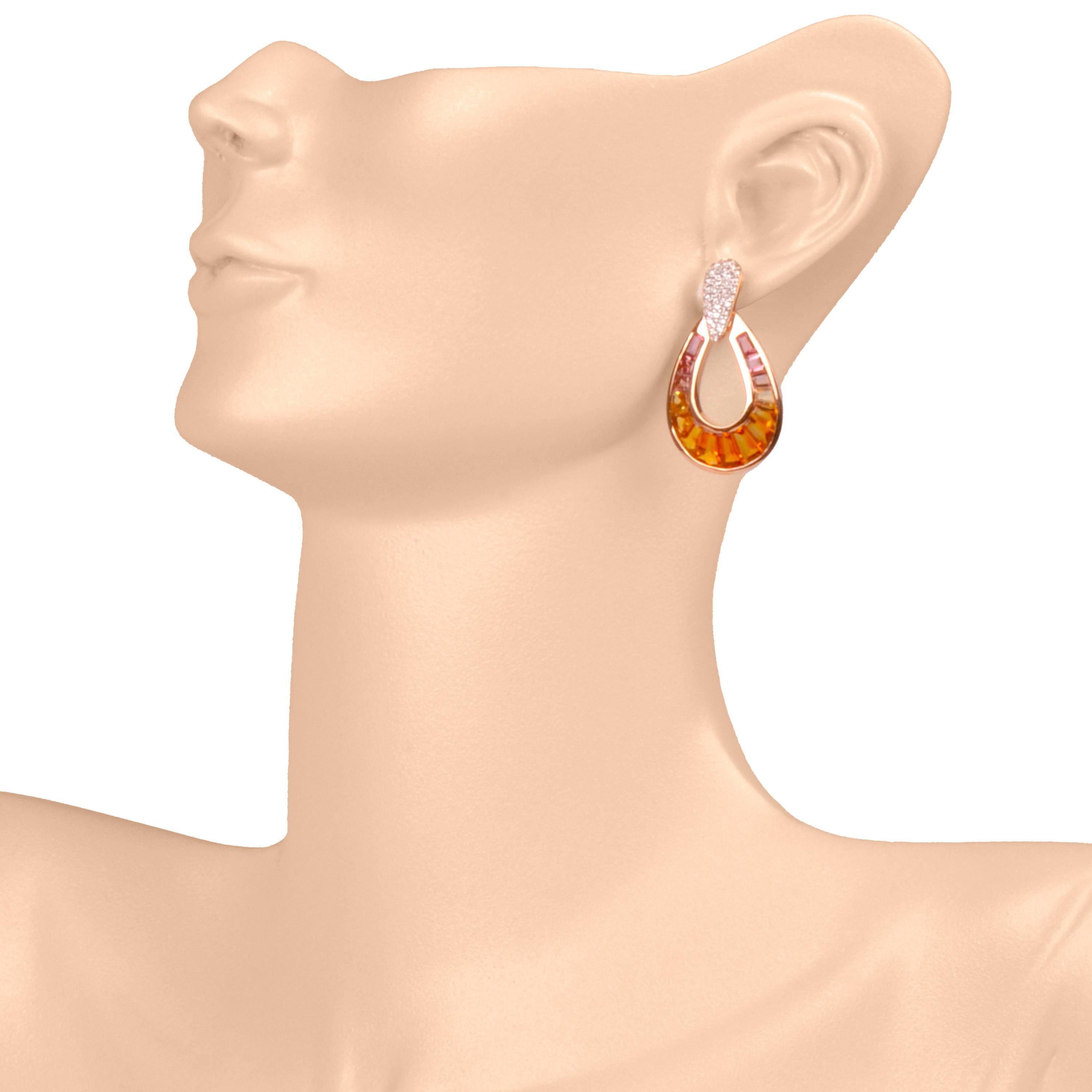 Taille navette Ensemble de pendants d'oreilles en or rose 18 carats, citrine, tourmaline rose et diamant taille baguette en vente
