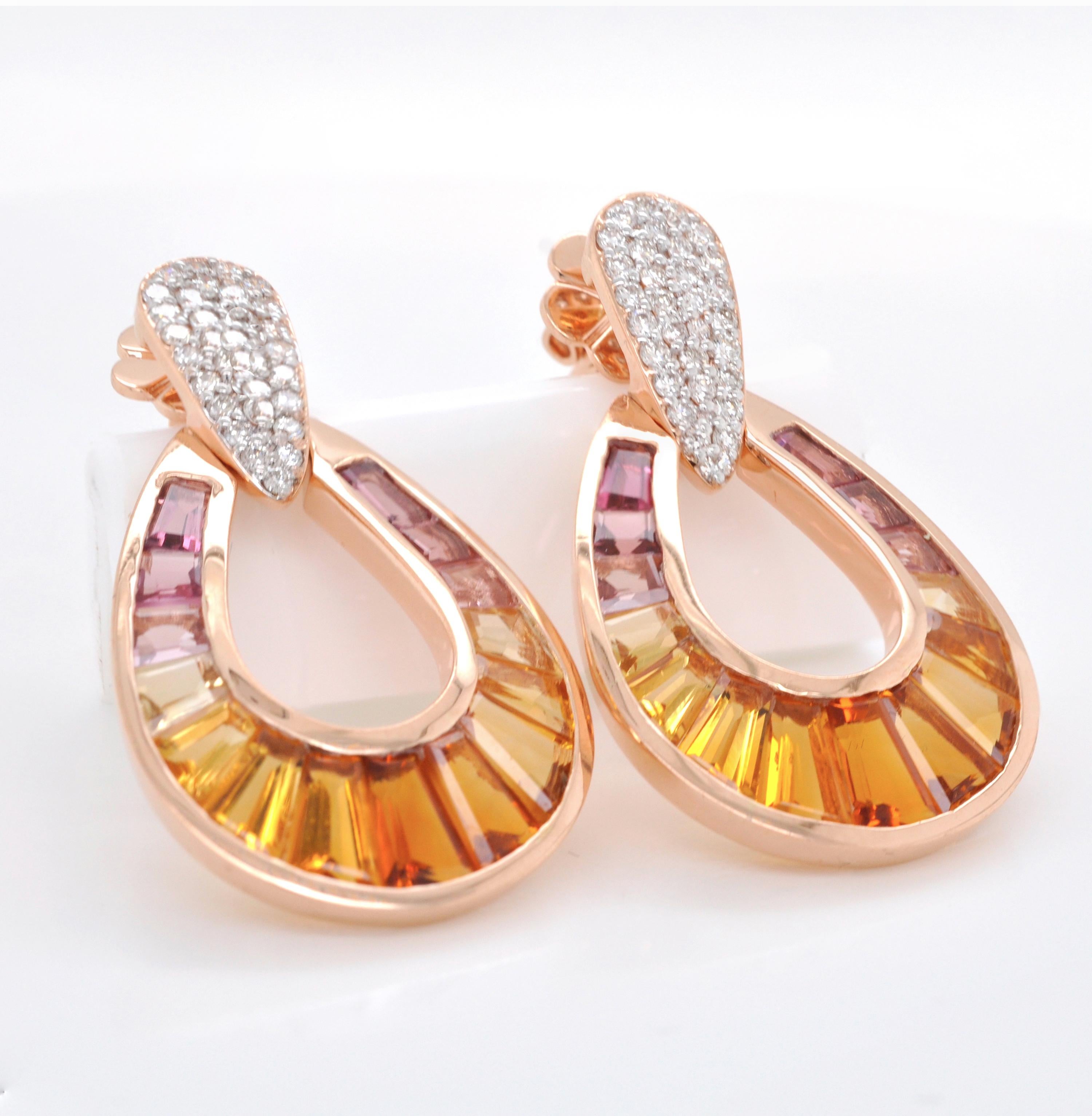 18K Rose Gold Citrine Pink Tourmaline Baguette-Cut Diamond Pendant Earrings Set For Sale 1