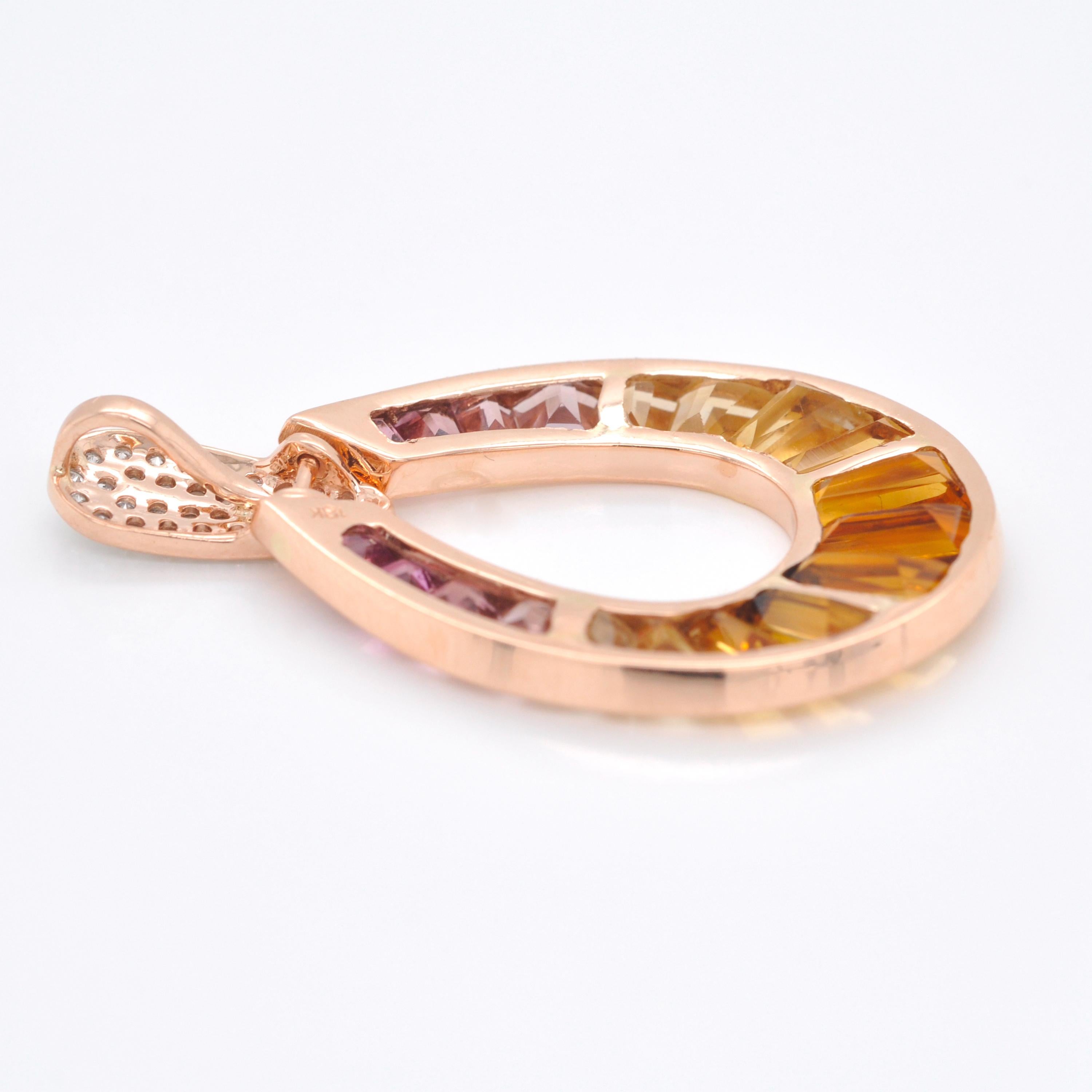 18K Rose Gold Citrine Pink Tourmaline Baguette-Cut Diamond Pendant Earrings Set For Sale 3