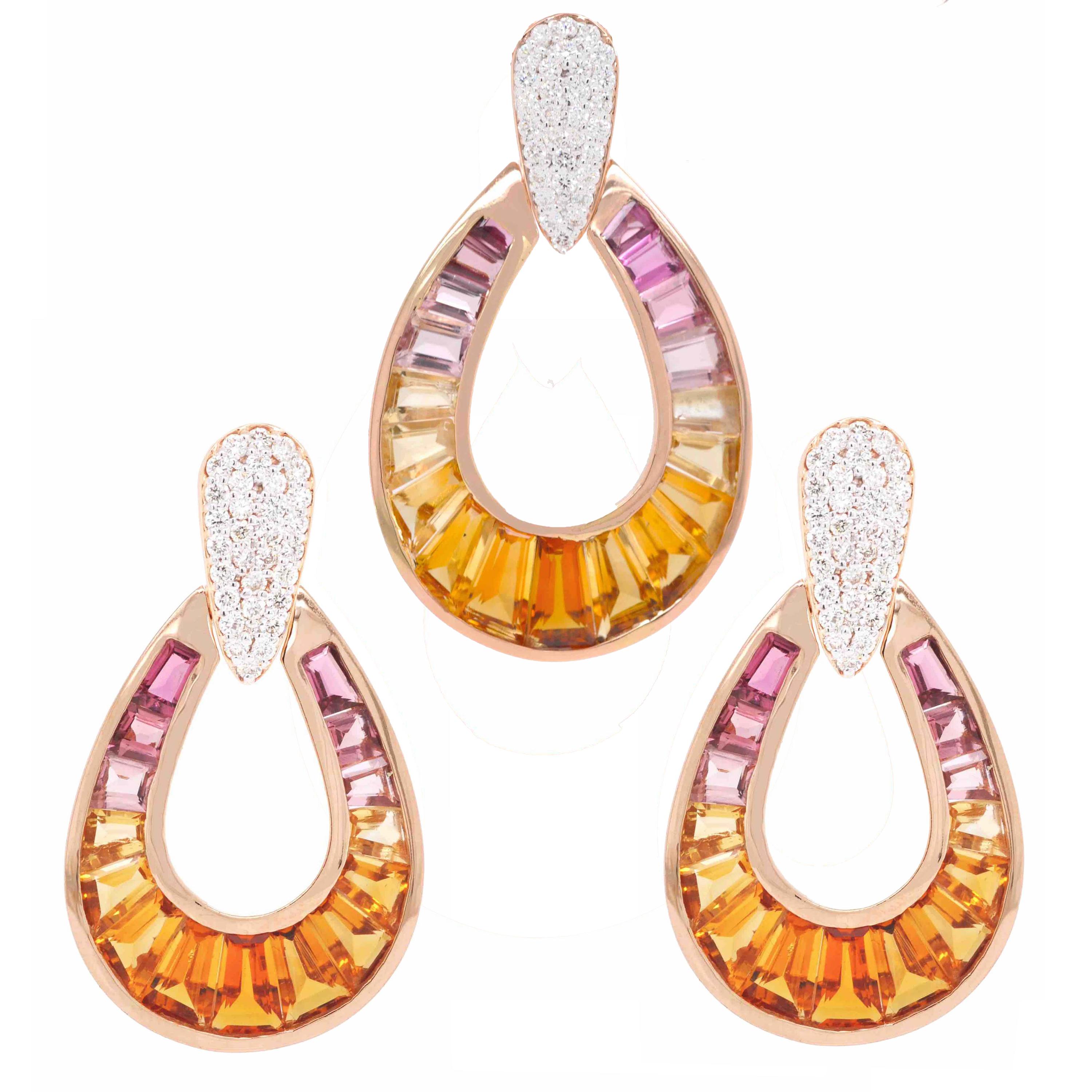 Ensemble de pendants d'oreilles en or rose 18 carats, citrine, tourmaline rose et diamant taille baguette en vente