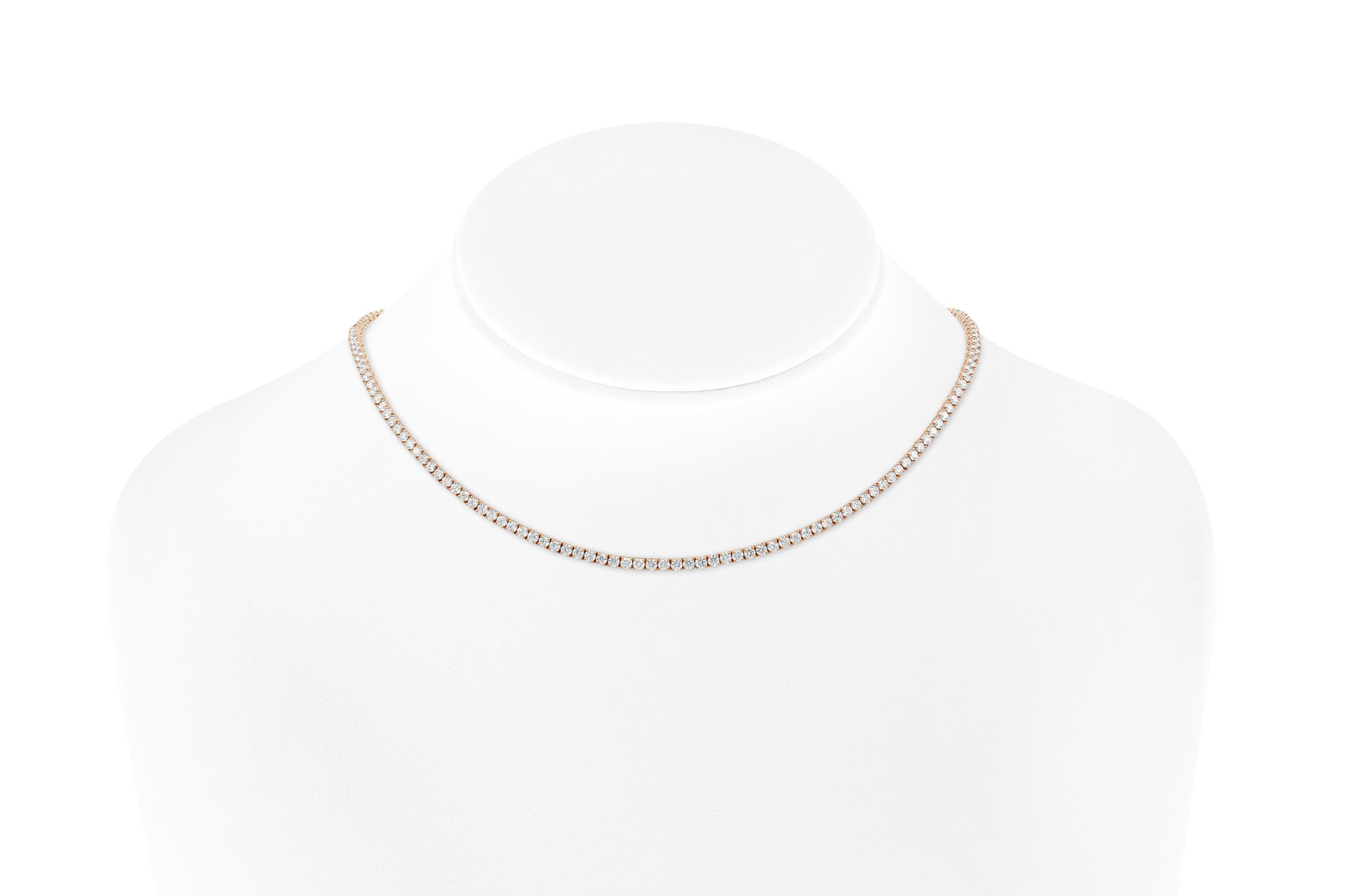 Handmade 18K Rose Gold Classic Tennis Necklace with 169 Round Brilliant Cut Diamonds D color VVS1 clarity, weighting in total of 5.20 carats, This stunning piece is 16.00 inches long. 


Viewings available in our NYC wholesale office by appointment