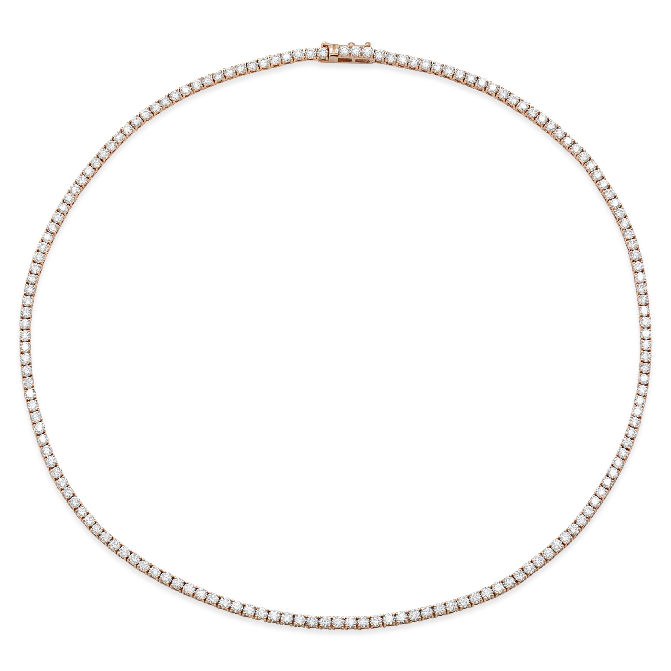 Modern 18K Rose Gold Classic Diamond Tennis Necklace DTW:5.20cts For Sale