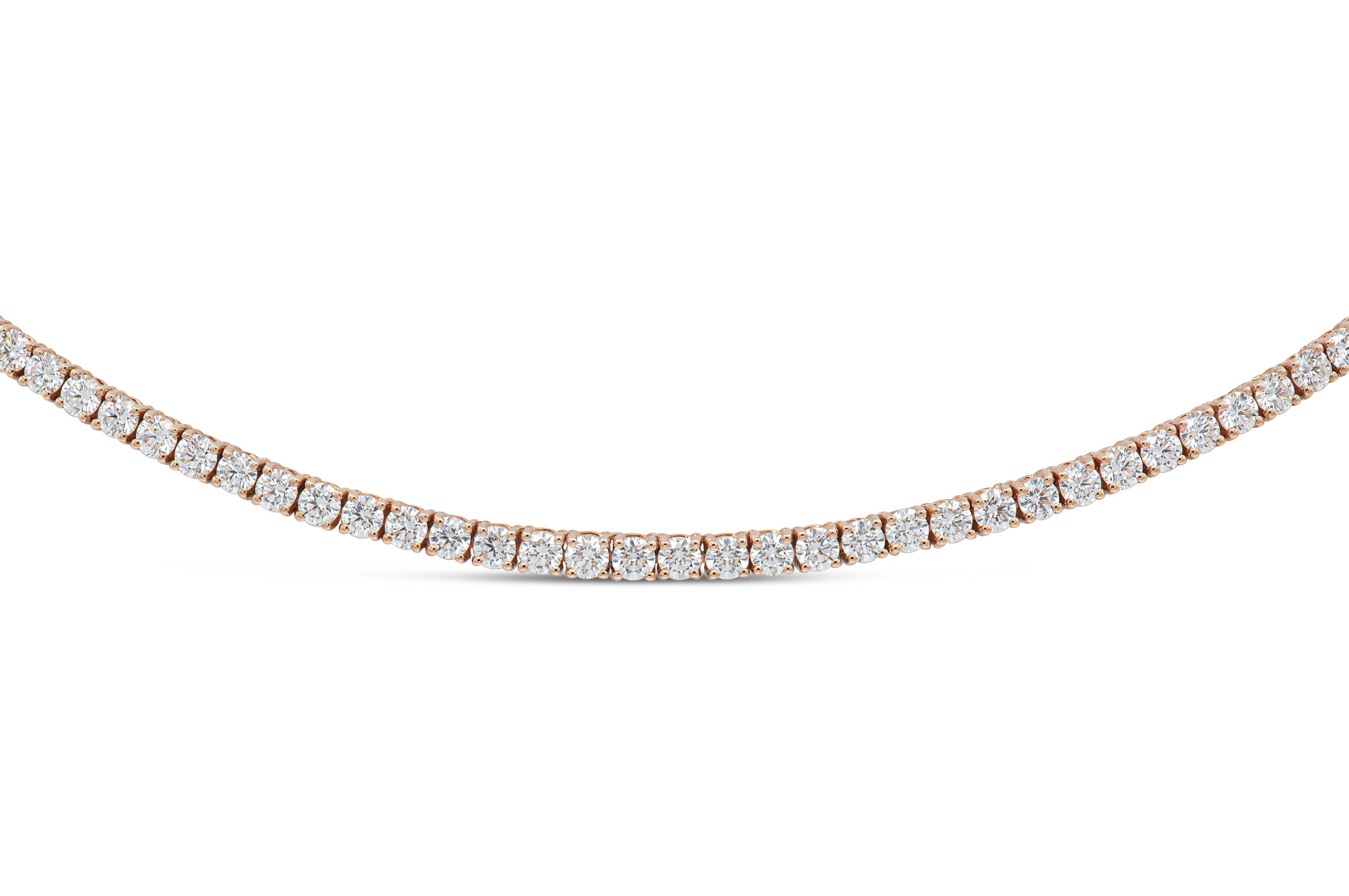 Round Cut 18K Rose Gold Classic Diamond Tennis Necklace DTW:5.20cts For Sale