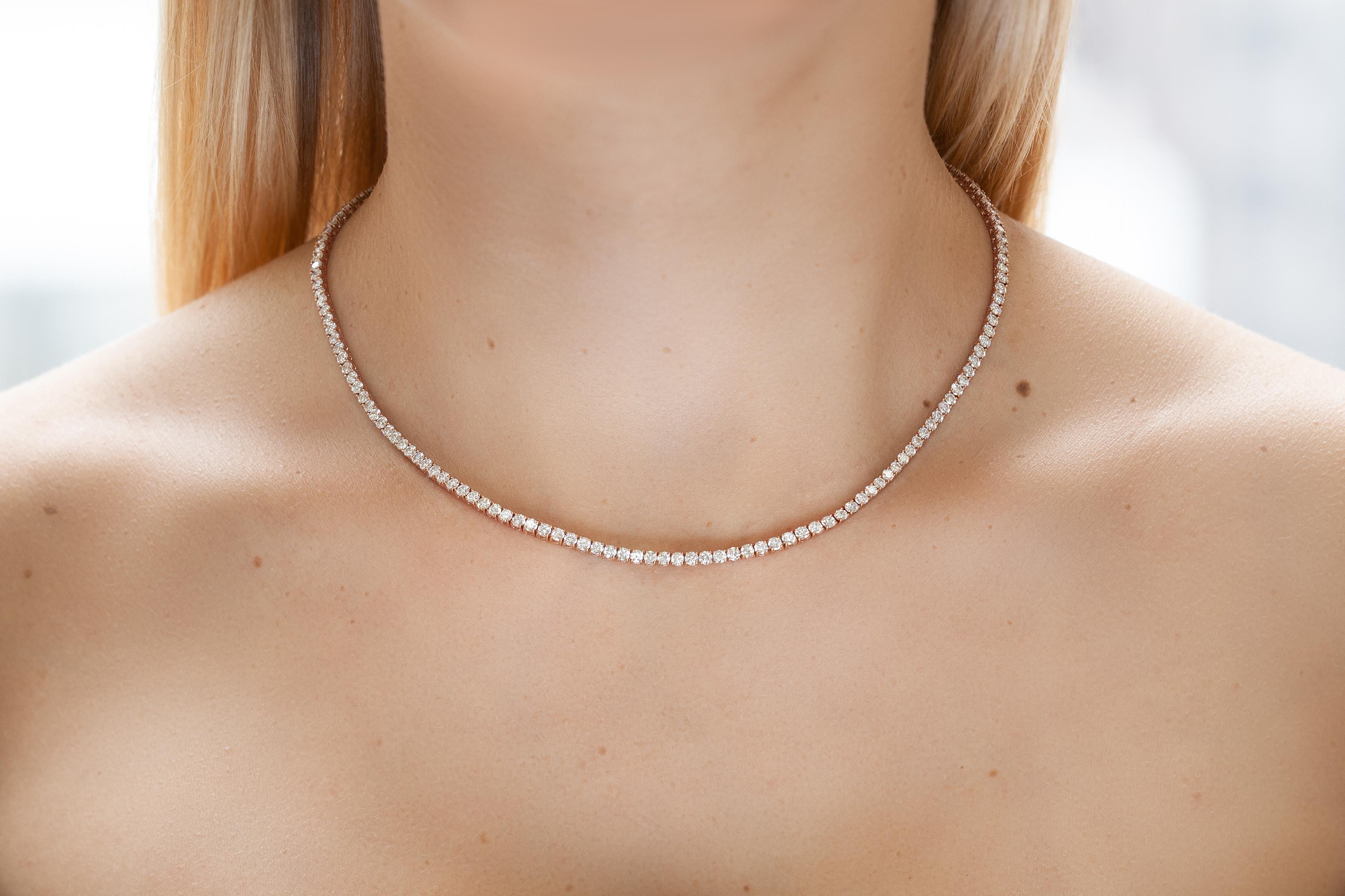 Women's or Men's 18K Rose Gold Classic Diamond Tennis Necklace DTW:5.20cts For Sale