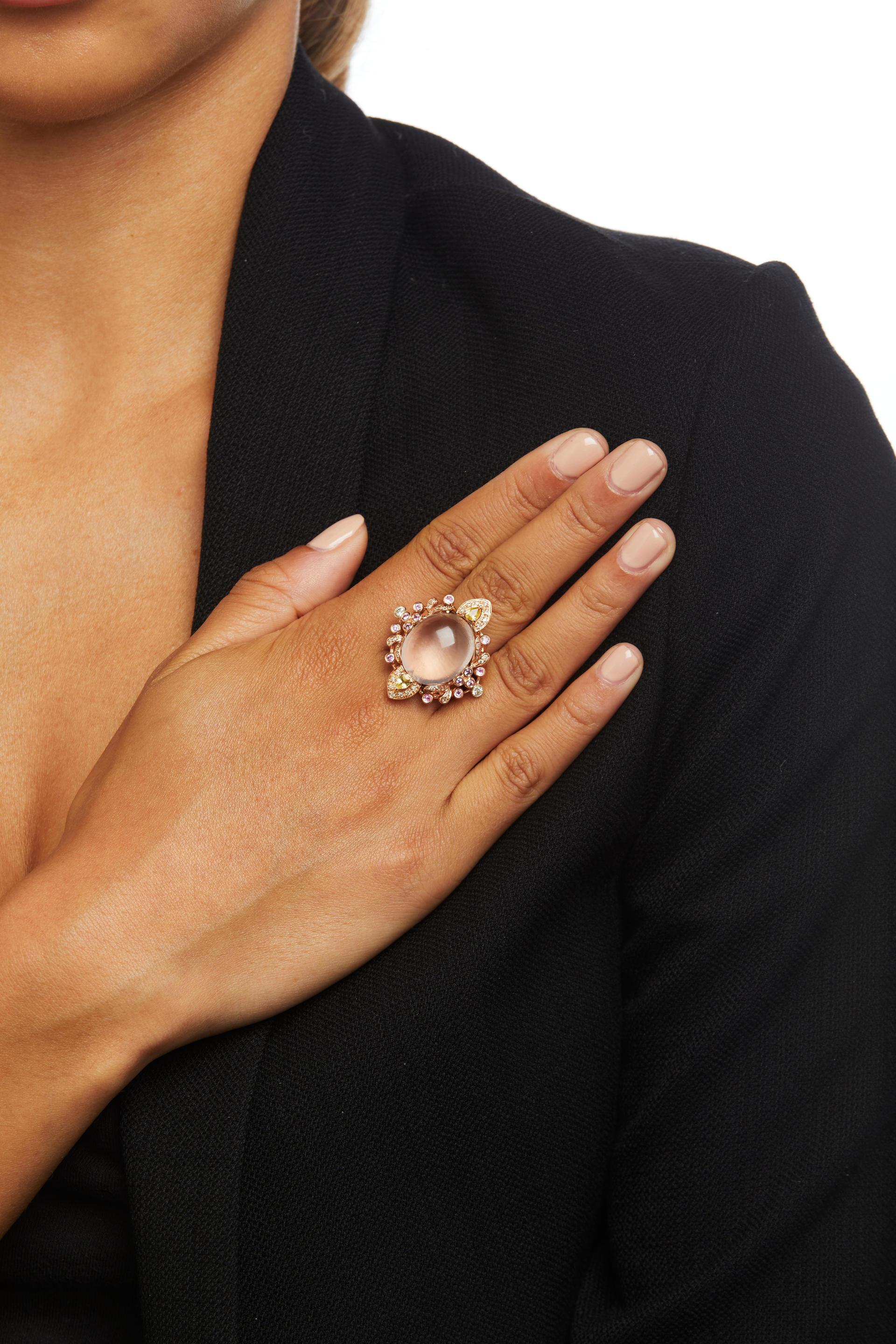 18k Rose Gold Clear Quartz Cabochon Solitaire Ring w/ Sapphire Accents Sz 6.75 For Sale 1