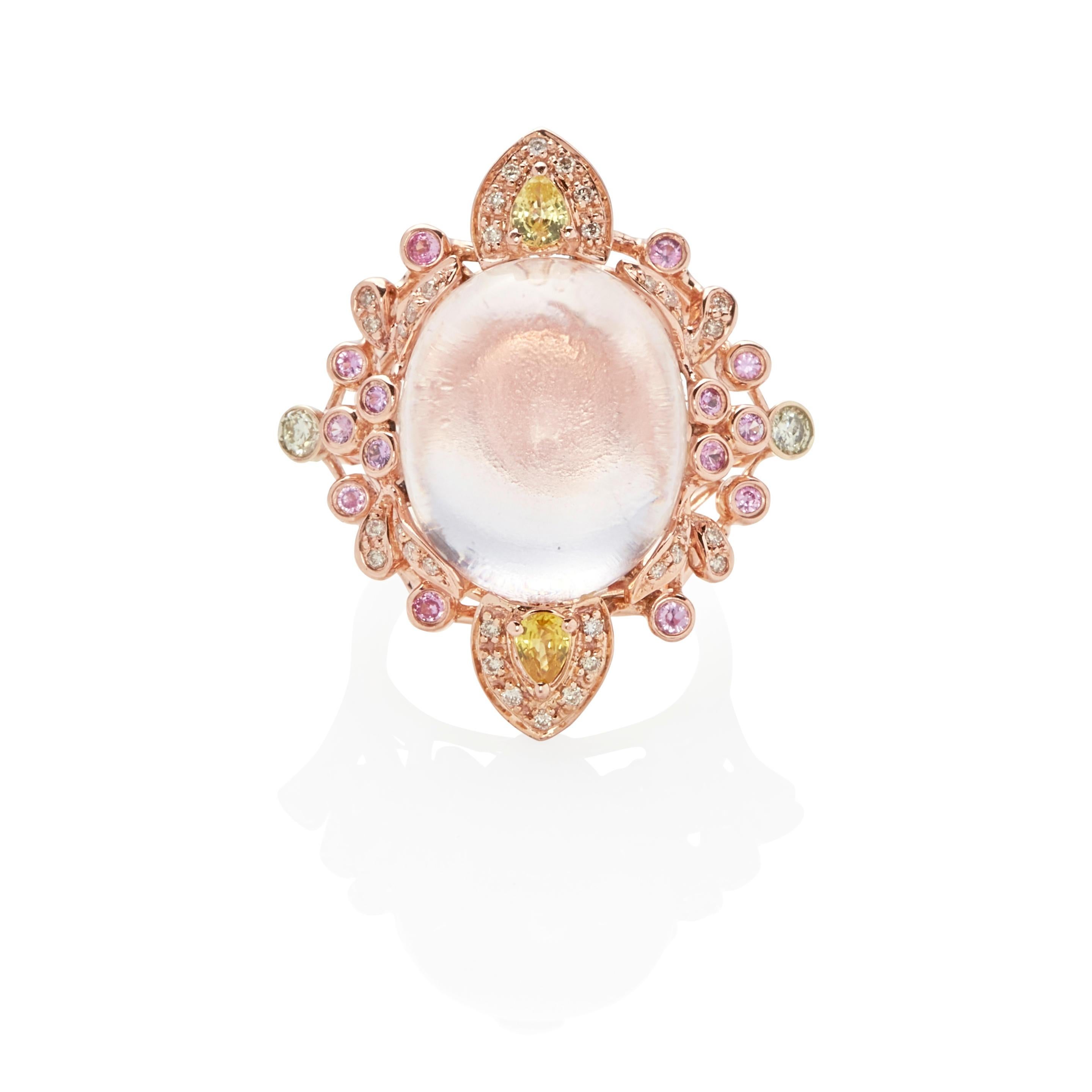 18k Rose Gold Clear Quartz Cabochon Solitaire Ring w/ Sapphire Accents Sz 6.75 For Sale 2