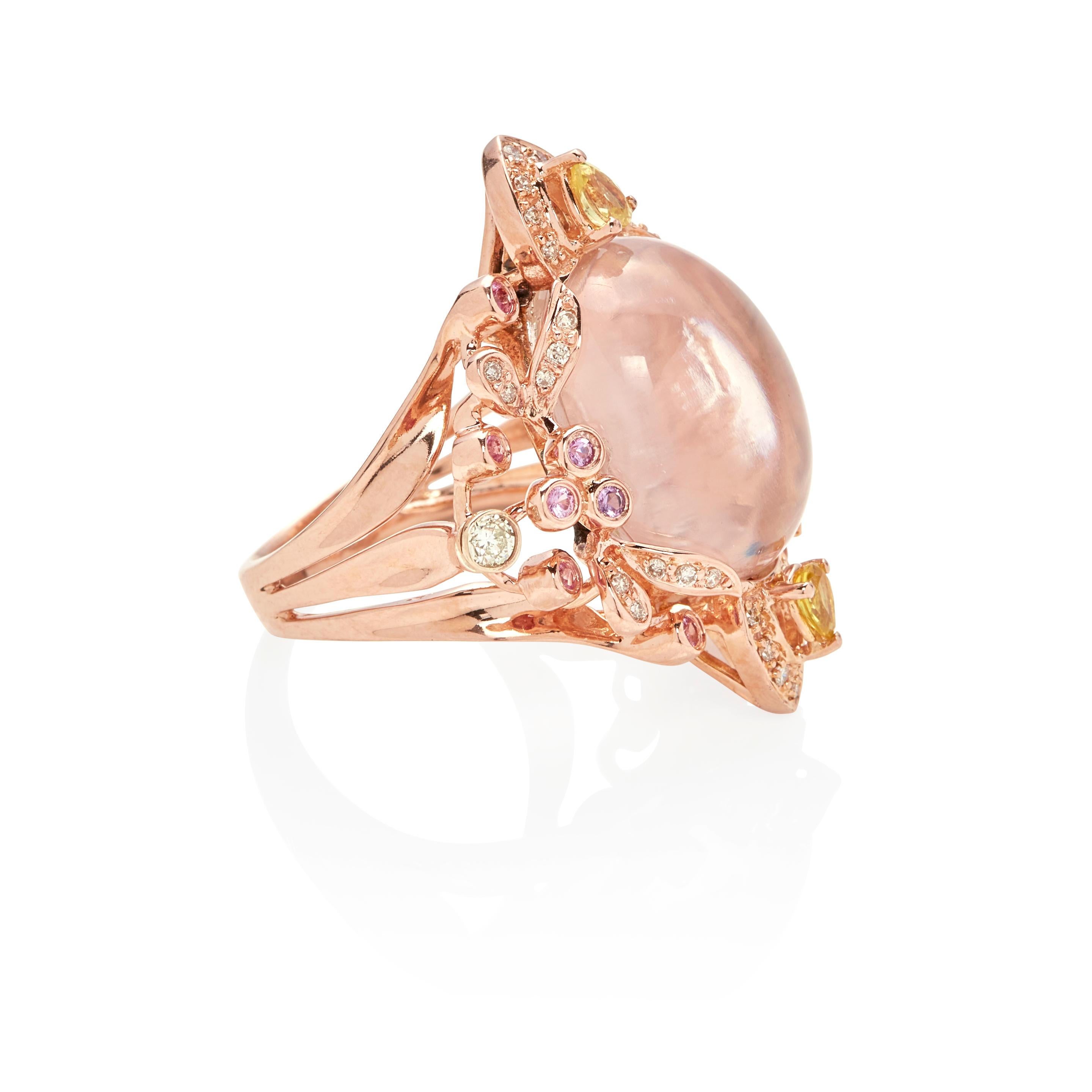 18k Rose Gold Clear Quartz Cabochon Solitaire Ring w/ Sapphire Accents Sz 6.75 For Sale 3
