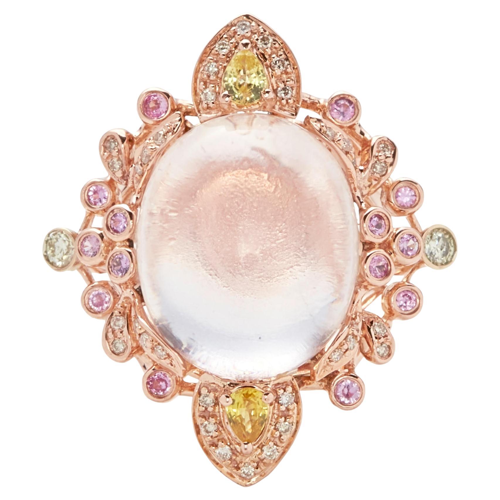 18k Rose Gold Clear Quartz Cabochon Solitaire Ring w/ Sapphire Accents Sz 6.75 For Sale